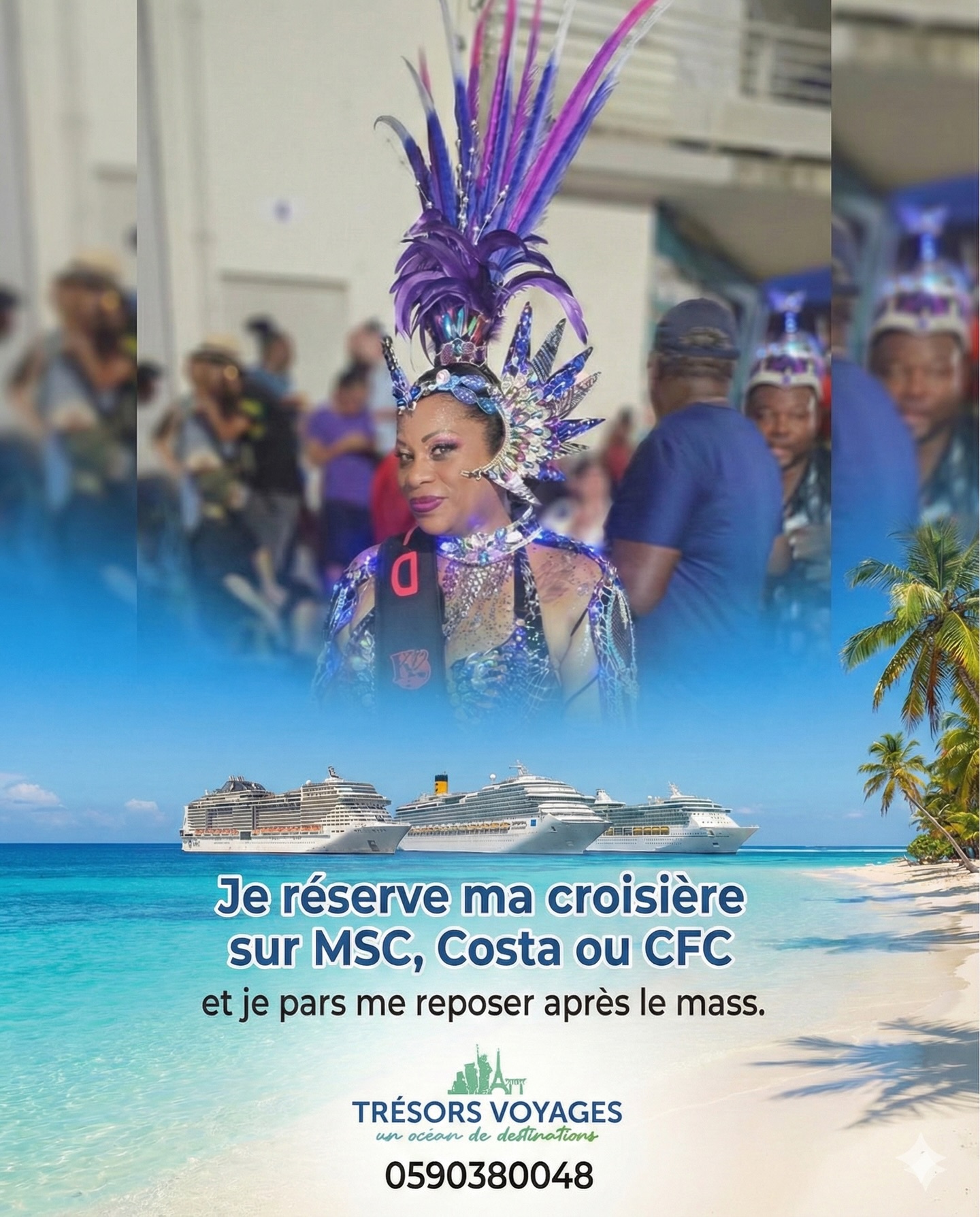 Après l’effort du Mass, le réconfort du large ! 🎭🚢
On sait tous que le Carnaval, c’est intense ! Après avoir tout donné dans les rues, tu as bien mérité de te faire chouchouter. ✨
👉 Ne subis pas la descente, prévois la détente !
📞 Réserve dès maintenant ton séjour « post-carnaval » avec Trésors Voyages au 0590 38 00 48.