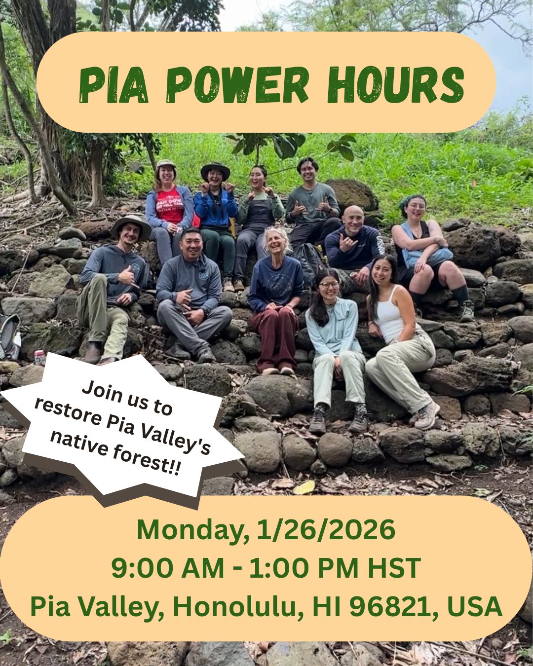 🌱 Ready to make a difference? Join us next Monday for Pia Power Hours, a hands-on opportunity to get outside and support conservation efforts! Learn and work alongside our team and participate in a range of important restoration activities.
Jan 26, 2026, 9:00 AM - 1:00 PM HST
Pia Valley, Honolulu, HI 96821, USA
Meet us in the cul-de-sac at the end of Anolani Street.
https://wix.to/GaaGL3v
#hawaii #restoration #nativeforest #volunteer #touchplants #rsvpnow #savethedate