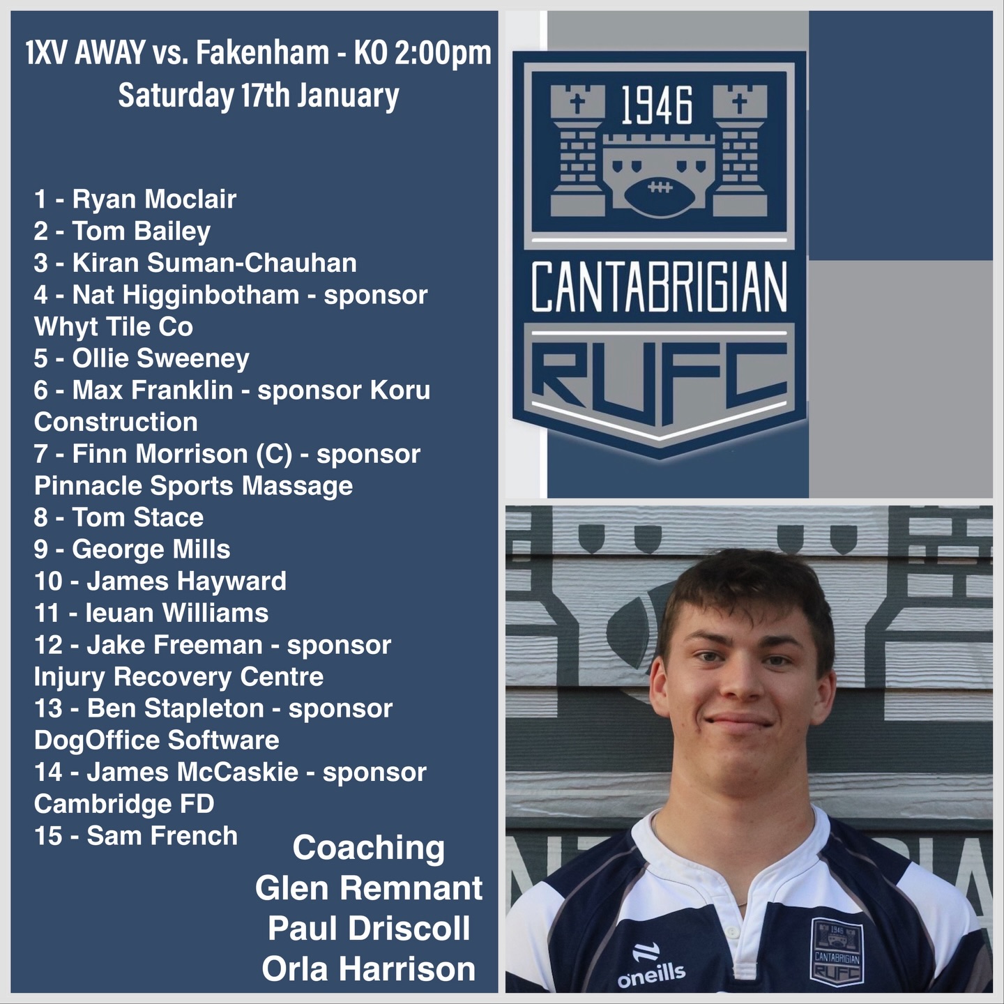 💥SQUAD ANNOUNCEMENT💥
We are delighted to bring you our 1XV squad who will be AWAY @fakenham_rugby_club Kick Off 2pm!
Good luck lads!
📸 @bwsportsphotography
#rugby #rugbyunion #cantabsrugby #socialrugbyincambridge #cambridge