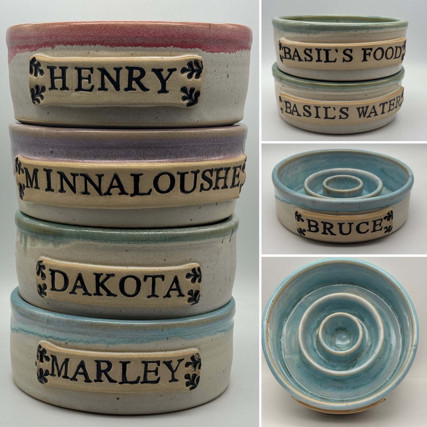 A few of the personalised pet bowls recently finished in the studio. Each one is wheel-thrown in durable stoneware and finished with a hand-stamped name plaque
I also make these as slow feeders (like the one pictured for Bruce) for dogs who tend to rush their dinner. It’s a nice way to bring something handmade into a daily routine. 🐾
#ParkgatePottery #HandmadeUK #PersonalisedPetGifts #DogBowls #SlowFeederBowl