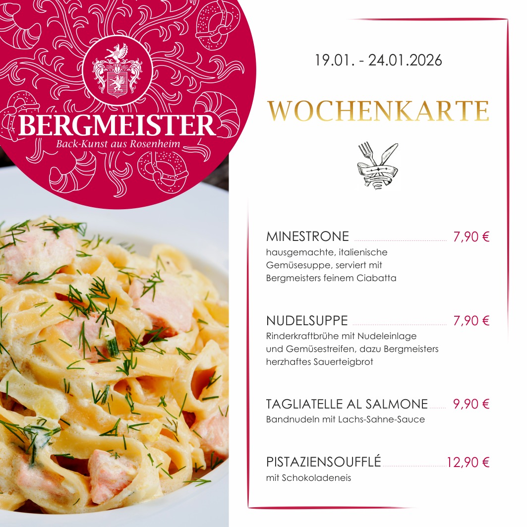 🌟🍽️ **Neue Wochenkarte im Café BERGMEISTER!** 🍽️🌟
Diese Woche erwarten euch wieder vier leckere Schmankerl, die ihr einfach probieren müsst:
🥣 **Minestrone** – Die italienische Suppe voller frischem Gemüse!
🍜 **Nudelsuppe** – Der Klassiker mit herzhafter Rinderbouillon! Da zieht’s einen direkt in den Genuss!
🍝 **Tagliatelle al Salmone** – Cremige Pasta mit frischem Lachs – ein wahrer Gaumenschmaus!
🍰 **Pistaziensoufflé** – Zum Süßen Abschluss gibt’s unser fluffiges Pistaziensoufflé mit Schokoladeneis! 😍
Kommt vorbei und gönnt euch eine kleine Auszeit! ✨ Egal, ob ihr nur einen schnellen Snack oder ein komplettes Mittagessen wollt, bei uns findet ihr garantiert etwas Leckeres.
👋 Wir freuen uns auf euren Besuch!
Euer BERGMEISTER-Team
#cafébergmeister #bergmeister #Leckereien #FoodieHeaven #EssenWieBeiMama #herzhaft #herzhafteküche #minestrone #nudelsuppe #pastas #tagliatellealsalmone #pistaziensoufflé #mittagspause #lunchbreak #maxjosefsplatzrosenheim #rosenheim #pause #mittagessen #frischeküche #wochenkarte
