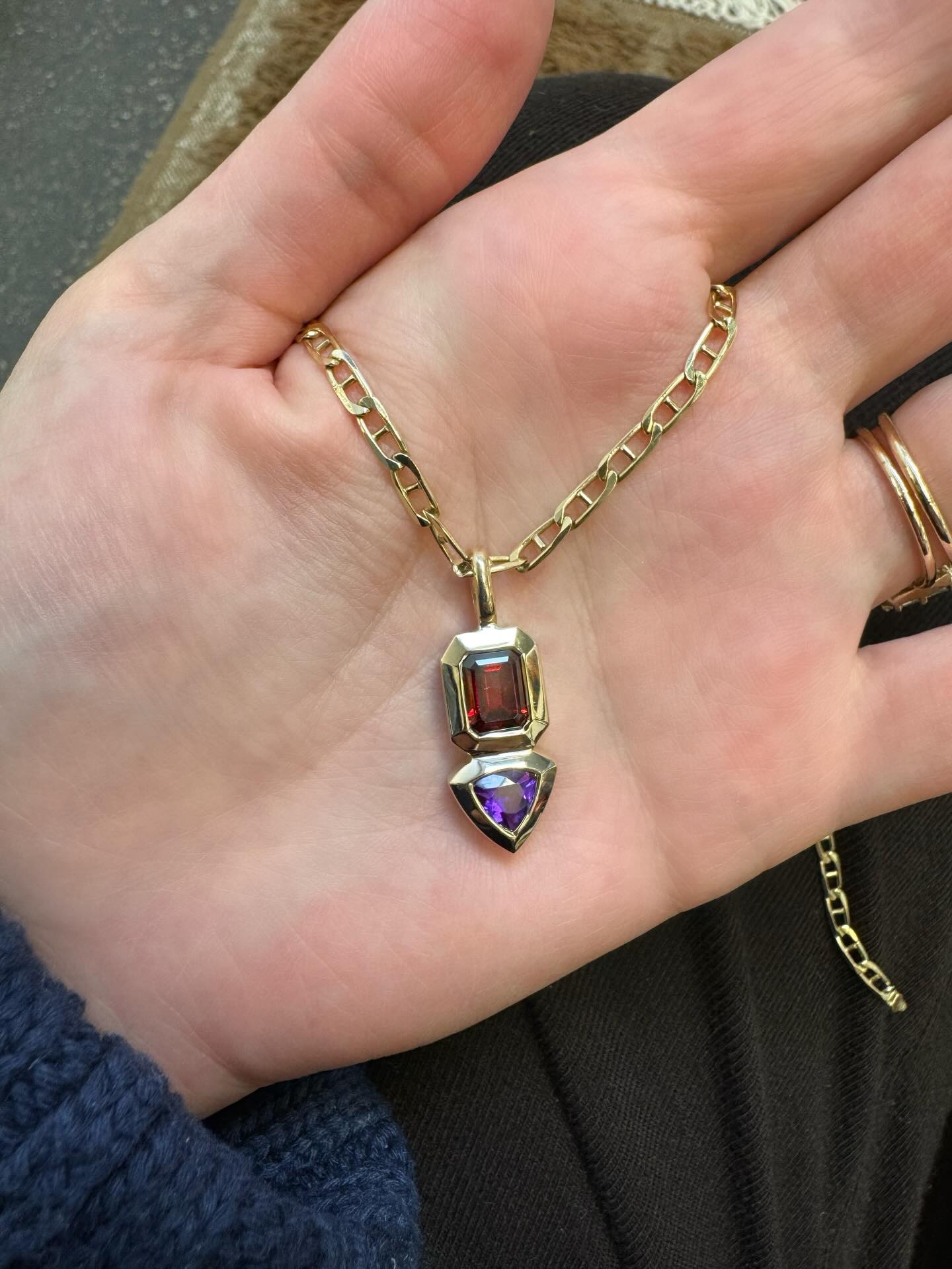 Custom garnet and amethyst chunky bezel pendant to represent my client’s 2 babies, on her vintage chain ❤️ 💜