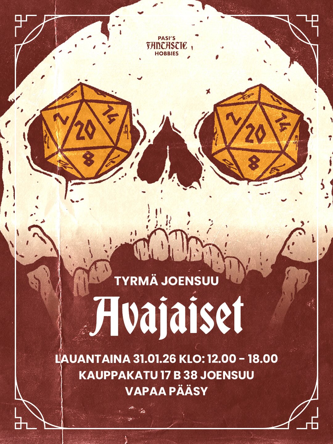 Nyt ne ovat auki! Pasi’s Fantastic Hobbiesin ja Tyrmä Joensuun verkkosivut! Ne sijaitsevat osoitteeissa: https://www.pasisfantastichobbies.fi ja https://tyrmajoensuu.fi
Alku sysksystä 2025 aloitettu projekti on nyt siinä pisteessä että toiminta starttaa täysillä sylintereillä heti helmikuun alussa! Tyrmän pintaremontti on tehty ja suurimmat kalusteet on muutettu. Nyt hyllyt ja tila täytetään roolipeleillä, figuilla, propeilla, pelivälineillä ja muulla asiaan kuuluvalla tavalla!
Tyrmästä on ollut ajatus luoda tila joka palvelee pöytäroolipeliharrastamista sekä siihen liittyviä aktiviteettejä kuten figumaalausta, tai vaikka karttojen piirtämistä. Tilasta löytyy välineitä näiden tekemiseen ja me tarjotaan myös ohjattuja työpajoja sekä pelisessioita ryhmille että kaikille avoimina tapahtumina.
Helmikuun ohjelma on myös valmis ja näyttää tältä:
Lauantai 31.1.2026: Tyrmä Joensuu: AVAJAISET
Tiistai 3.2.2026: Stranger Things: Welcome to the Hellfire Club - The Vanishing Gnome
Torstai 12.2.2026: Maalaustyöpaja: Höyryä ja Terästä
Tiistai 17.2.2026: Six To Succeed: Suuri Juustokeikka
Tiistai 24.2.2026: Dungeons & Dragons: Curse of Strahd
Ollaan koko PFH:n porukalla tosi innoissamme tästä!
Nähdään avajaisissa ja pelipöydässä!
#tyrmäjoensuu #pasisfantastichobbies #pelitila #roolipelit #joensuu