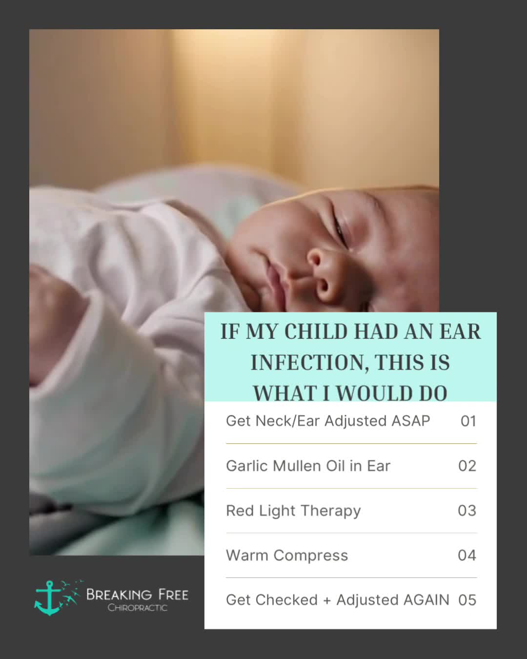 If my child had an ear infection, here's exactly what I'd do first:
👂 Step 1: Get them adjusted
We check the upper neck and ears for any tension that could be blocking circulation and drainage. Misalignments here can literally prevent the ear from draining properly—which means the fluid just sits there creating the perfect breeding ground for infection.
👂 Step 2: Garlic mullein oil in and around the ear
Natural, gentle, and so effective.
👂 Step 3: Red light therapy
Supports the body's natural healing process and lowers inflammation.
👂 Step 4: Warm compress
Helps with drainage and comfort.
👂 Step 5: Follow-up adjustment the next day
We want to make sure everything is draining well and the body is responding.
ㅤ
Ear infections are often a drainage issue, not just an infection issue. When the upper cervical spine (neck) is misaligned, it can impact the lymphatic drainage from the ears—which means fluid gets stuck and creates the perfect environment for infection.
ㅤ
Chiropractic adjustments help restore proper nerve function and drainage so the body can actually clear the infection naturally.
ㅤ
Combined with gentle, natural support at home, this protocol has been a game-changer for many of our office families!