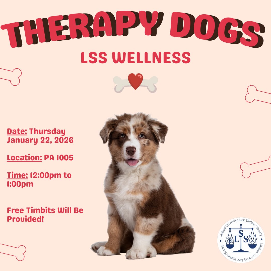 🐶 The famous therapy dogs are back!! Please stop by room 1005 on Thursday at 12 p.m. to say hi to our furry friends! Free timbits will also be provided! 🐶