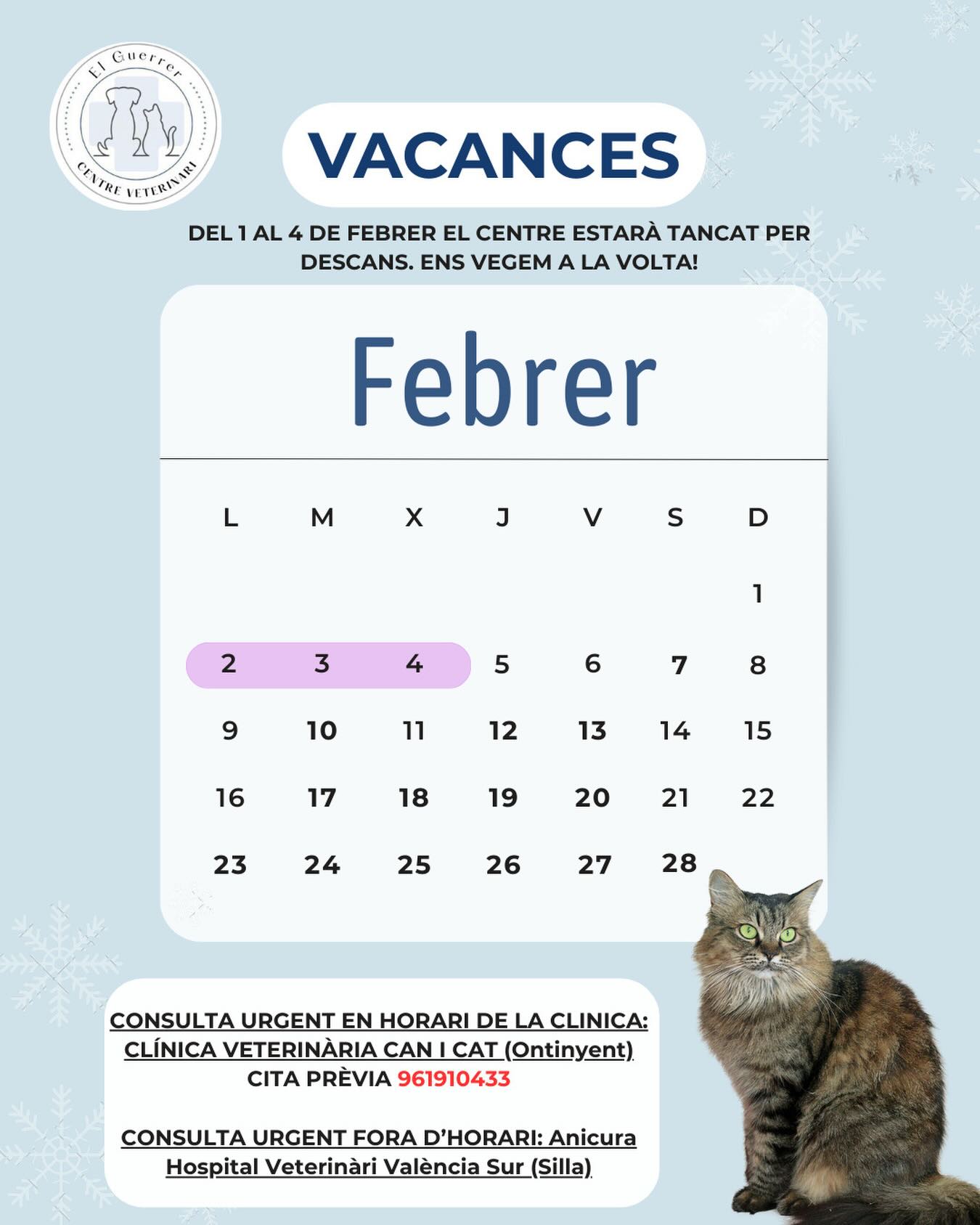 ⚠️VACANCES⚠️
Després d’un any de no parar, és hora de descansar, encara que siguen sols 4 dies. La clinica estarà tancà del dia 2 al 4 de febrer. Ens tornem a vorer el 5 de febrer en l’horari normal. 🩵🐶
El 1 de febrer (diumenge) no ni haurà servei d’urgències. Si teniu alguna urgència en cap de setmana o fora d’horari normal, podreu anar a ANICURA VALENCIA SUR (Silla) 🏥 961203805 (obri les 24h)
Els dies 2-3 i 4 de febrer si necessiteu atenció veterinària podreu anar a la CLINICA VETERINÀRIA CAN &CAT en Ontinyent (961910433). Tindreu que cridar per a que vos donen cita.
Horari (CITA PRÈVIA) ⚠️🏥
Dilluns-Dimecres: 9:30 a 13:30h i de 17:00-20:00h