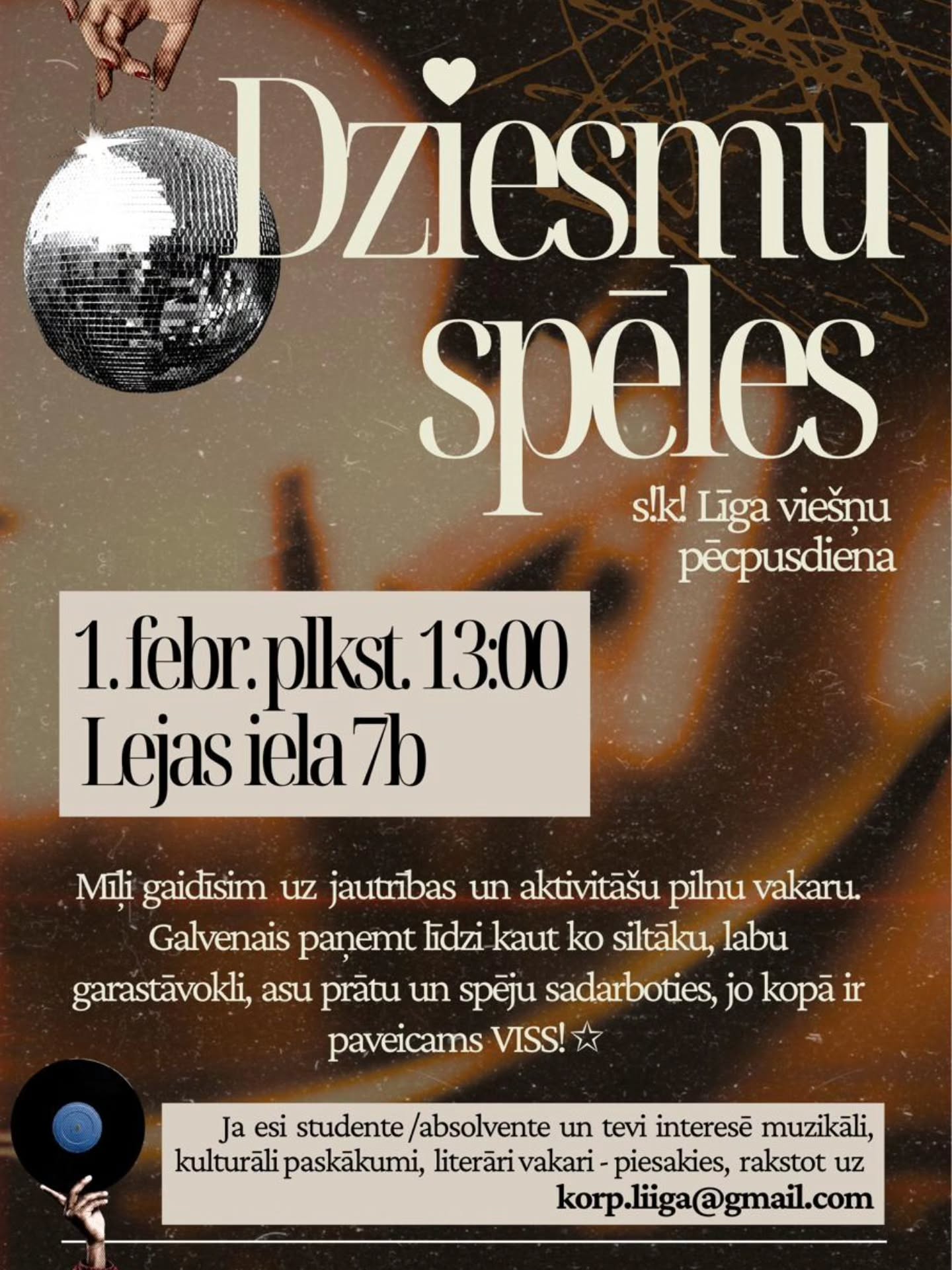 Hei hei! Ja esi studente vai absolvente un tevi interesē korporāciju dzīve, nāc uzspēlēt dziesmu spēles 1. februārī! Tā teikt, atvērto durvju diena - priecāsimies redzēt visas interesentes! 🥰
Adrese: Lejas ielā 9b (ieeja pagalmā mājai galā, kāpnītes uz leju).