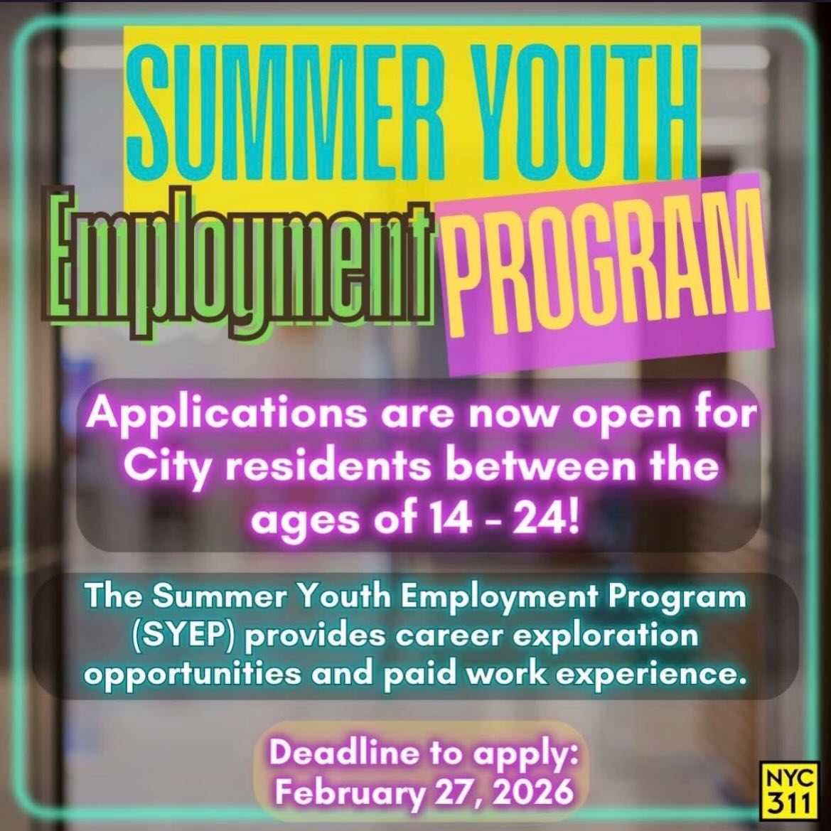 Students aged 14-24 sign up to work Summer youth for the summer of 2026. See Carla or Jalesa in the Main office for your working papers