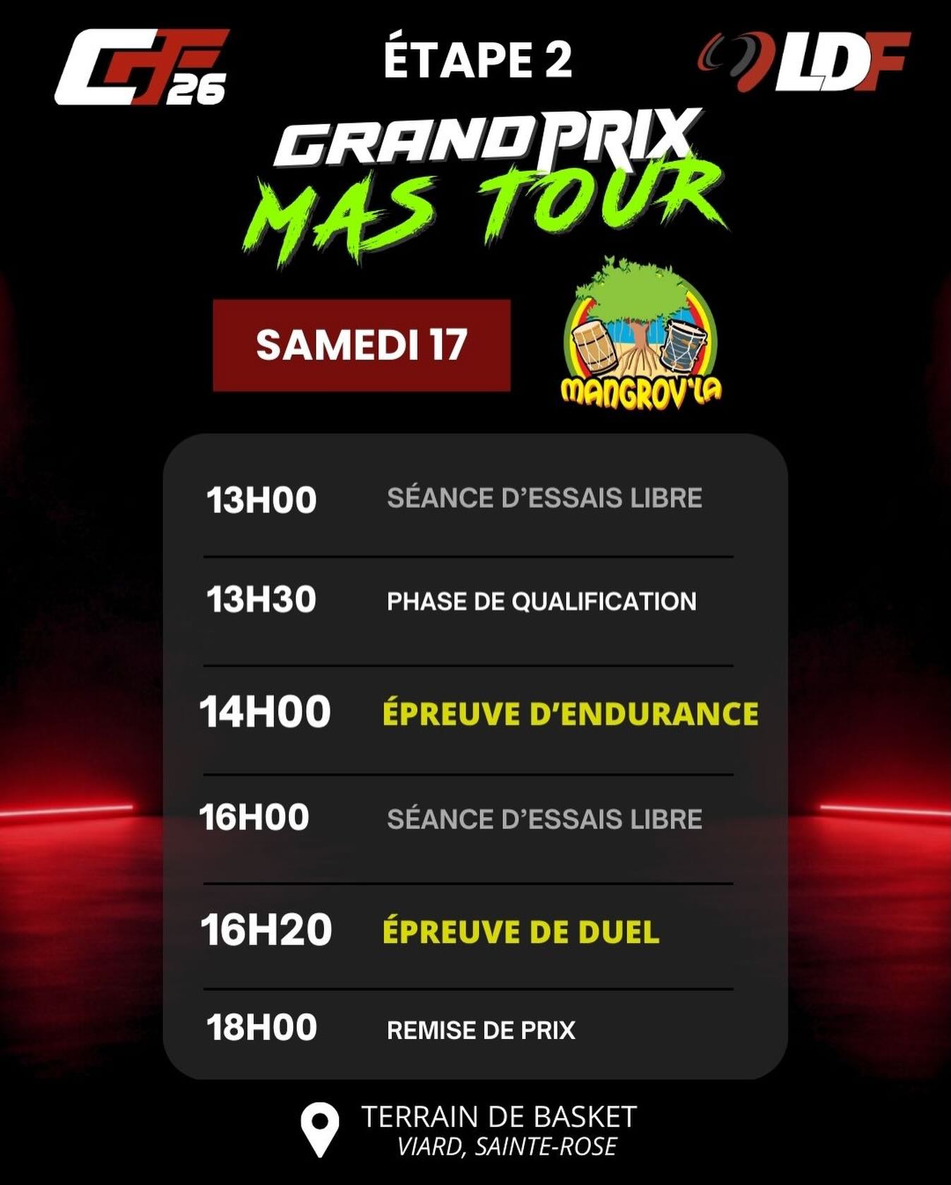 📆 PROGRAMME - ÉTAPE 2
La compétition continue et vous aussi, faites partie de l'histoire !
Venez découvrir, supporter, vibrer et partager avec nous 🔥