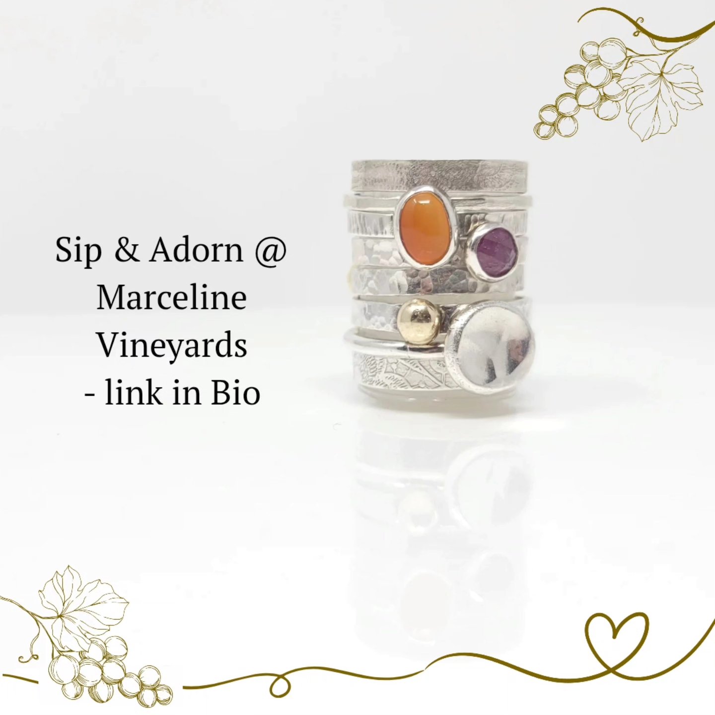 ✨ Make it yours! Learn to create two sterling silver stacking rings in this fun, beginner-friendly workshop.
No experience needed — all tools provided. Add texture, mixed metals, and your own style!
*No gemstone setting in this class*
Follow the link to sign up 🍷💍
https://forms.gle/9CZfwG5xHMnnkhQ4A
#InsideMyLocket #Handmadeisbetter @marcelinevineyards