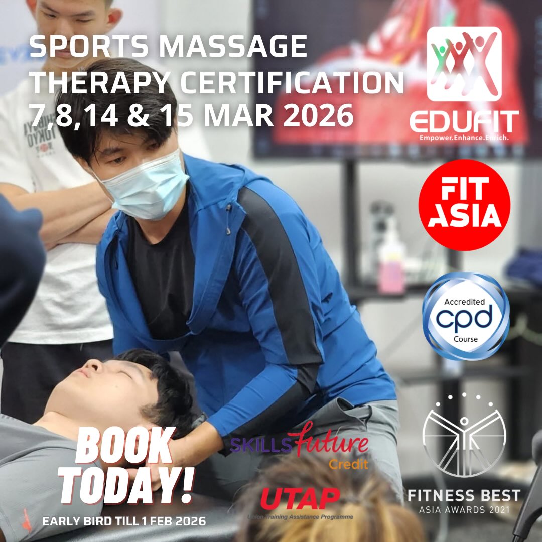 🎉LEARN A NEW SKILL! 💪 Next intake of the SPORTS MASSAGE THERAPY CERTIFICATION (4-Days) on 7,8,14&15 MARCH 2026 is open!
.
.
PROGRAMME CONTENT:
*Etiquette in sports massage therapy
*Effects of sports massage
*Contraindications
*Human Anatomy
*Client assessment guidelines
*Massage techniques
*Soft tissue release & myofascial stretching techniques (joint mobilisation)
*Case studies discussion on common musculoskeletal injuries
*Further education for Sports Massage Therapy
*Mentoring sessions (additional fee applies)
.
What do you get?
*CPD UK global accreditation
*Skillsfuture & UTAP eligible funding. *CoachSG CECs
MORE INFO AND REGISTRATION @ FITASIA.SG or EDUFITASIA.COM or book via link in bio. Early bird fee ends on 1 Feb 2026. Group discount available (3pax min)! DM US! Sign up today!!!
.
.
#singapore #sgfitness #sportsphysiotherapy #sportsg #singaporesportshub