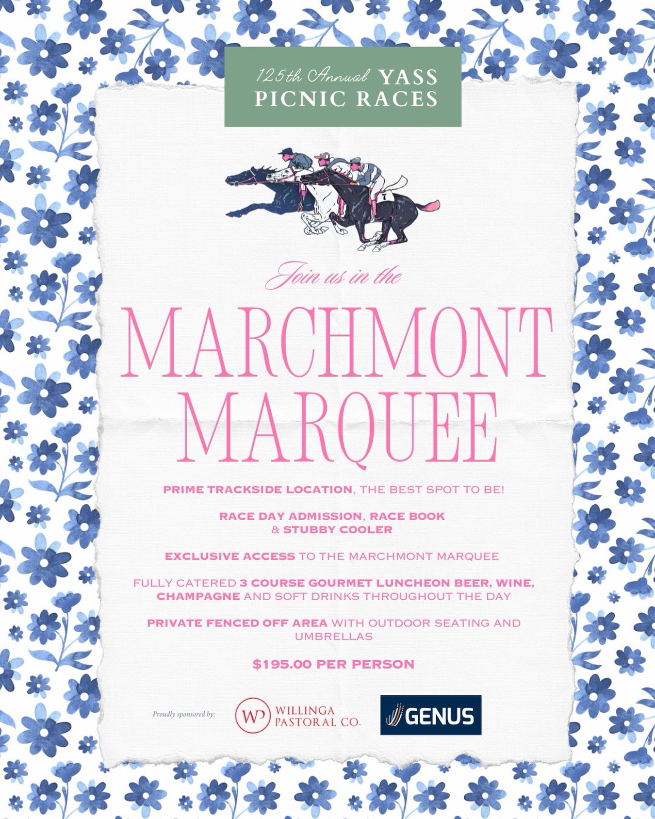 The Marchmont Marquee is back for 2026. ⭐️ 💫
Proudly sponsored by Willinga Pastoral Company and Genus Business, the Marchmont Marquee has quickly become one of the most popular ways to spend race day at Yass.
A prime trackside position, a fully catered gourmet lunch, drinks taken care of and a relaxed private space for you and your group to enjoy the day. ✔️ ✔️
More than 60 per cent of tickets have already been sold, which is fantastic. However, it does mean that if you are thinking about coming along and have not booked yet, now is the time! (Last year we had plenty of people get in touch after it sold out hoping there might be a spot left. Hint: There was not.)
Round up your mates, organise your group and lock in your tickets!
See you at the races, Saturday, 28 February 2026!
#YassPicnicRaces #MarchmontMarquee #CountryRacing #YassValley #125YearsOfRacing WillingaPastoral GenusBusiness