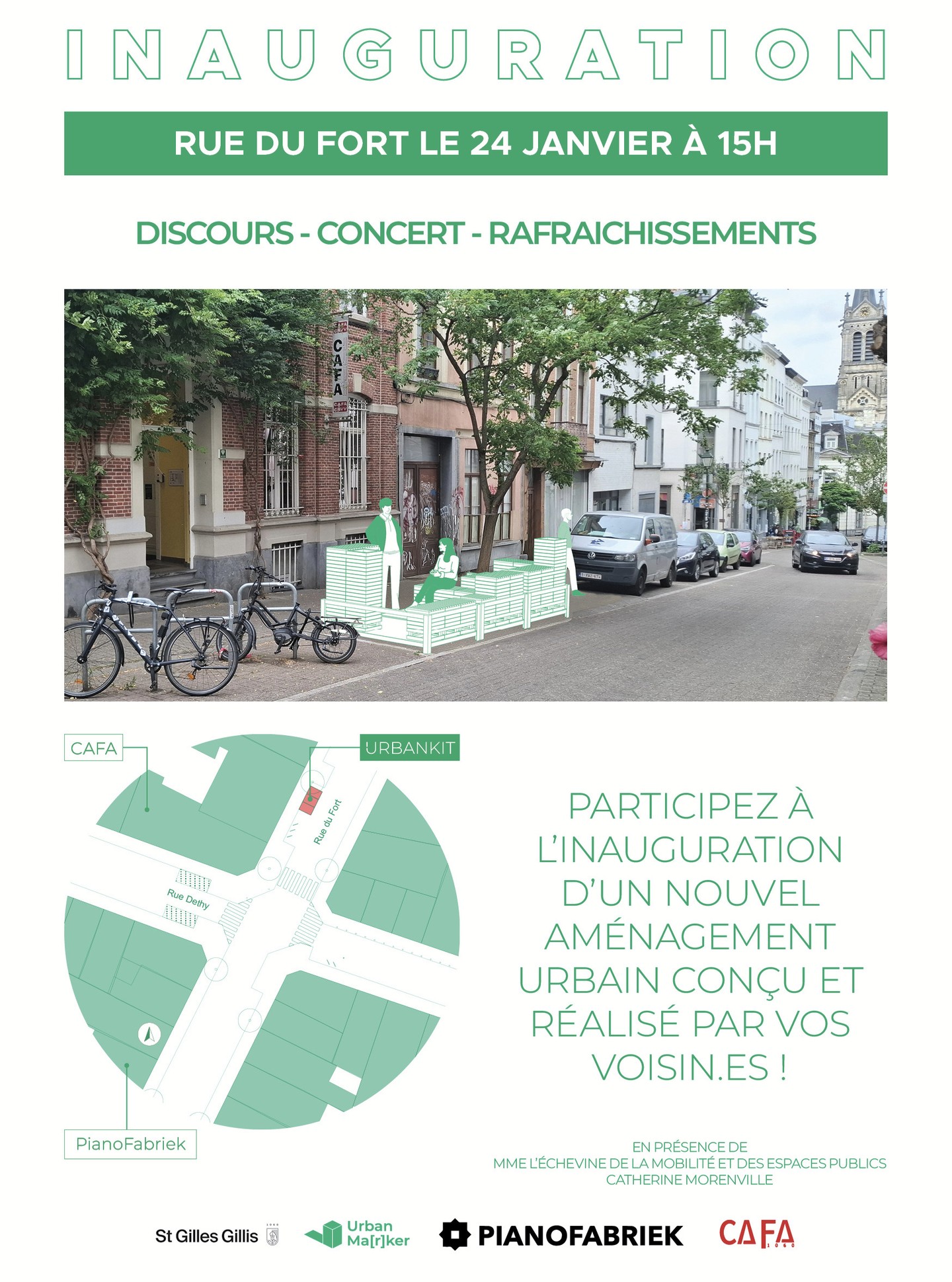 - INAUGURATION RUE DU FORT 25 -
Nous avons le plaisir de vous inviter à l’inauguration d’un nouvel aménagement urbain le 📅 samedi 24 janvier 2026 à 15h devant le CAFA
Ce projet est le fruit d’un travail partagé 🌱: des idées échangées, des usages discutés, des mains à l’ouvrage et une volonté commune de transformer l’espace public. L’inauguration sera l’occasion de découvrir l’aménagement finalisé et de rencontrer les personnes qui ont contribué au projet. Nous serons ravis de vous y accueillir !
✨ L’inauguration aura lieu en même temps que le Nouvel An de Pianofabriek : une double occasion de se retrouver, de célébrer le quartier et de faire la fête ensemble !
👉 Retrouvez toutes les infos sur le Nouvel An de Pianofabriek ici : https://www.facebook.com/events/s/new-yearsfabriek-nouvelannofab/1419769843092198/
Venez fêter ensemble ce nouvel espace partagé 💚
N’hésitez pas à inviter et relayer autour de vous !
#stgillesbruxelles #catherinemorenville #pianofabriek #cafa #AménagementUrbain #participationcitoyenne #EspacePublic #Coconstruction #UrbanismeParticipatif