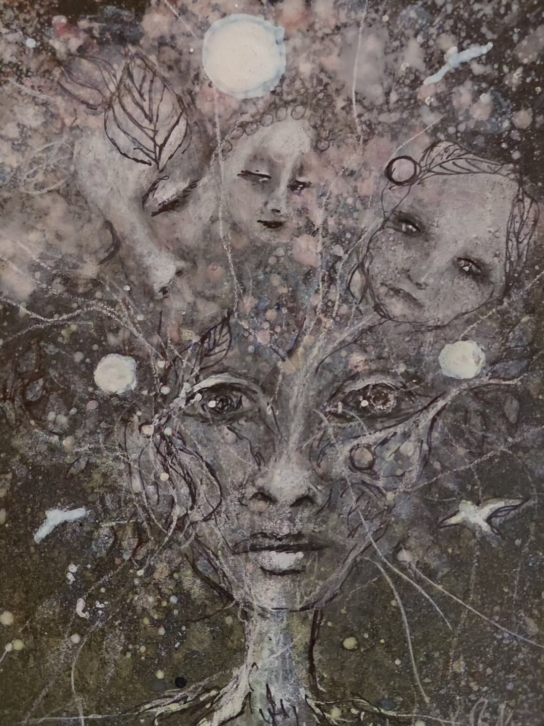 "The Secret Tree." Ink, Acrylic, spray mica on 5x10 upcycled mat board.
#surrealism #dreams #feverartista #spiritualportraiture