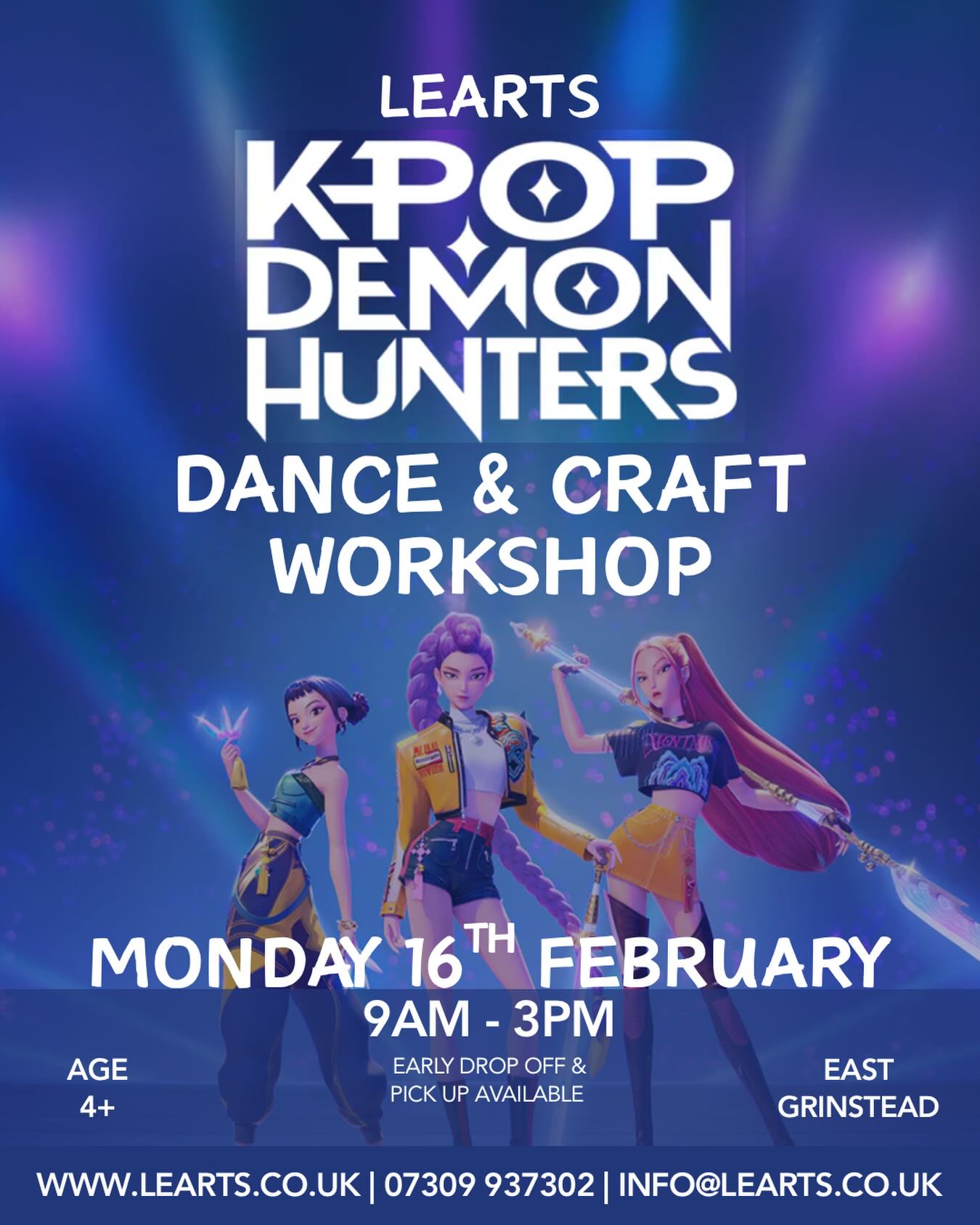 💥 K-POP DEMON HUNTERS - DANCE & CRAFT DAY 💥
🗓 Monday 16th February
⏰ 9:00am - 3:00pm
📍 Learts Creative Studio
An action-packed holiday day filled with:
✨ High-energy K-Pop dance
🎨 Bold, creative demon-hunter crafts
🖤 Confidence, creativity and lots of fun
Perfect for children who love dance, music and getting creative.
🍱 Please bring a packed lunch and water bottle
👕 Comfortable clothes that can get messy
⏳ Early drop-off and late pick-up available
⚡ Spaces are limited - booking essential
👉 Book here: https://www.learts.co.uk/childrens-workshops