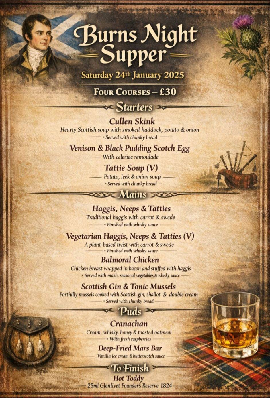 Check the weekend diary's because a taste of Scotland is just round the corner. Pop in this Saturday between 5-8pm to celebrate Burns night with us. 🔥 🥃
Book your table here - www.pitymeinn.co.uk