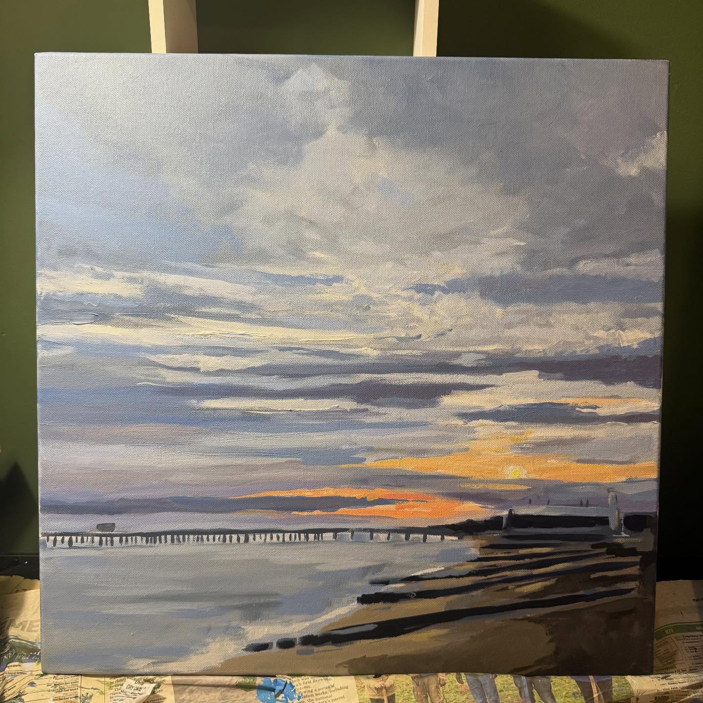 In progress - New Years Day Walk, Felixstowe 🎨
Back in my fave place, painting my muse…the sea 🌊
This one needs some more details, and to tidy up the wonky pier!
More on this soon…
#paintingprocess #arcylicpainting #landscapepainting #felixstowe #felixstowebeach Suffolk Art | Suffolk Artist | Felixstowe Suffolk