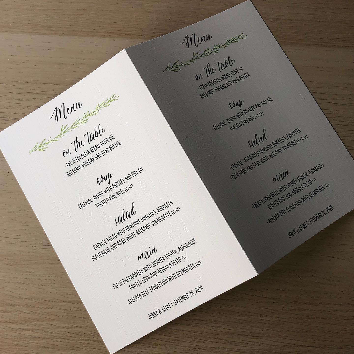 1 menu per table, folded card style, is a budget friendly way to showcase the meal! #yycwedding #weddingmenu #panacheinvitations