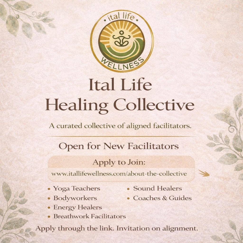 Introducing the Ital Life Healing Collective 🌿
A curated network of trusted, trauma-informed facilitators supporting deep, intentional healing, not like a typical studio roster, but a healing ecosystem grounded in calm, safety, and care. 
Each guide is chosen for presence, heart, training, and alignment with our values, and paired with clients based on what they need most. 
We’re now open for new facilitators in:
• Yoga
• Bodywork
• Energy healing
• Breathwork
• Sound healing
• Coaching & guidance
• TRX
This is a curated, invitation-based collective, and we only bring in facilitators who practice with integrity, depth, and compassion. 
✨ Apply through the link in bio:
itallifewellness.com/about-the-collective
Invitation on alignment.