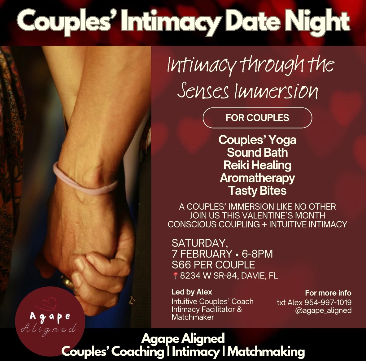 Coupleās Intimacy Date Night ā„ļø
A COUPLESā IMMERSION LIKE NO OTHER
YOUR SENSES COMBINED
JOIN US THIS VALENTINEāS MONTH
CONSCIOUS COUPLING + INTUITIVE INTIMACY
⢠Couplesā Yoga
⢠Sound Bath
⢠Reiki Healing
⢠Aromatherapy
⢠Tasty Bites
š Feb 7th
š 6-8pm
š8234 W SR-84, Davie
⨠Adult Couples
š°$66 per couple
Limited to 8 couples->
Get your tickets today;
www.mamaitri.com/event
#couplesgoals #couplescoaching #partneryoga #intimacycoach #coupledate