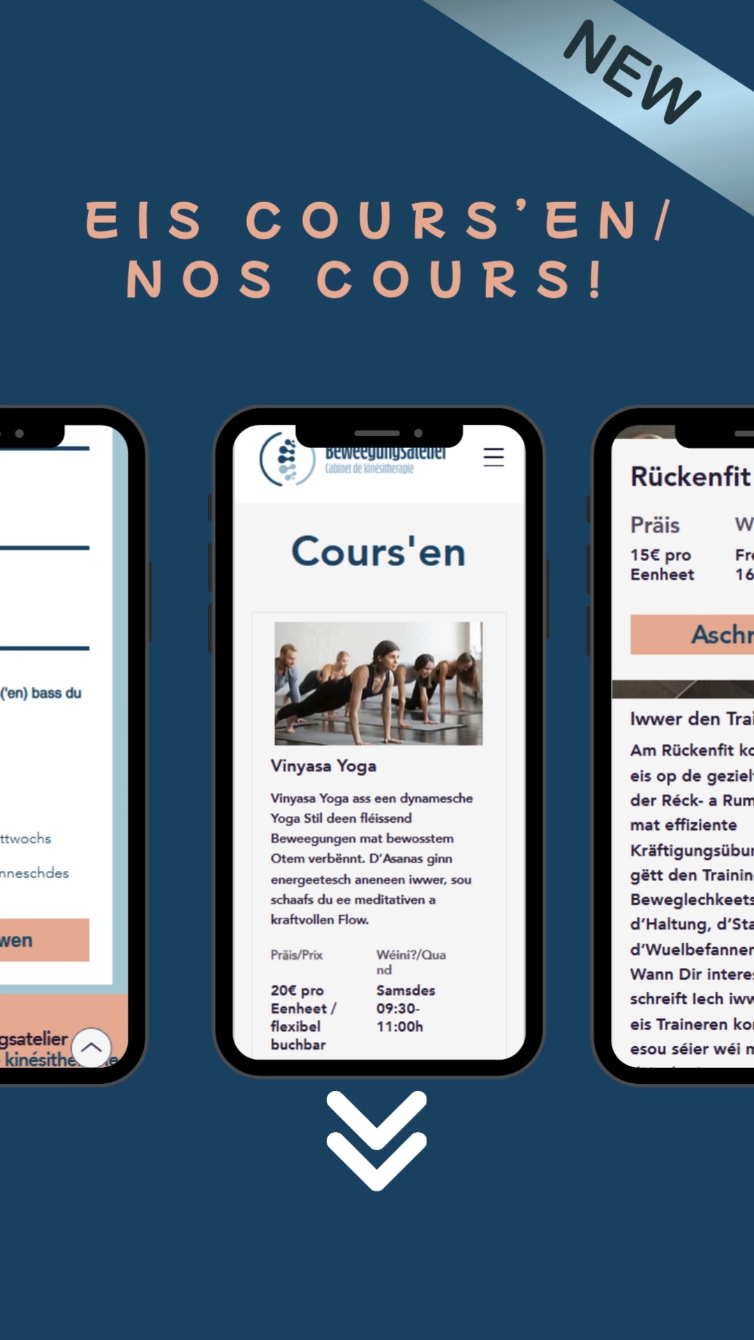 📢 Neies op eiser Websäit! Entdeckt eis Cours’en 🖥️✨ a léiert och eis Trainer kennen 👥💙 Als Kinepraxis begleede mir iech individuell bei Peng oder bei der Reha. Fir d’Beweeglechkeet duerno ze erhalen an sech laangfristeg wuel ze spieren, ass et wichteg, weider a Beweegung ze bleiwen 💪🧘♀️ Dofir sinn eis Cours’en eng flott, zousätzlech Méiglechkeet. E grousse Merci un eist Trainerteam — dat mat vill Engagement, Häerz a Kompetenz dobäi ass 🤝✨
www.beweegungsatelier.lu/de/courses
📢 Nouveauté sur notre site web ! Découvrez nos cours 🖥️✨ et faites aussi connaissance avec nos coachs 👥💙
En tant que cabinet de kinésithérapie, nous vous accompagnons individuellement en cas de douleurs ou pendant la rééducation. Pour préserver ensuite la mobilité et se sentir bien sur le long terme, il est important de rester en mouvement 💪🧘♀️
C’est pourquoi nos cours sont une belle option complémentaire.
Un grand merci à notre équipe de coachs — toujours au rendez-vous avec beaucoup d’engagement, de cœur et de compétence 🤝✨
www.beweegungsatelier.lu/courses