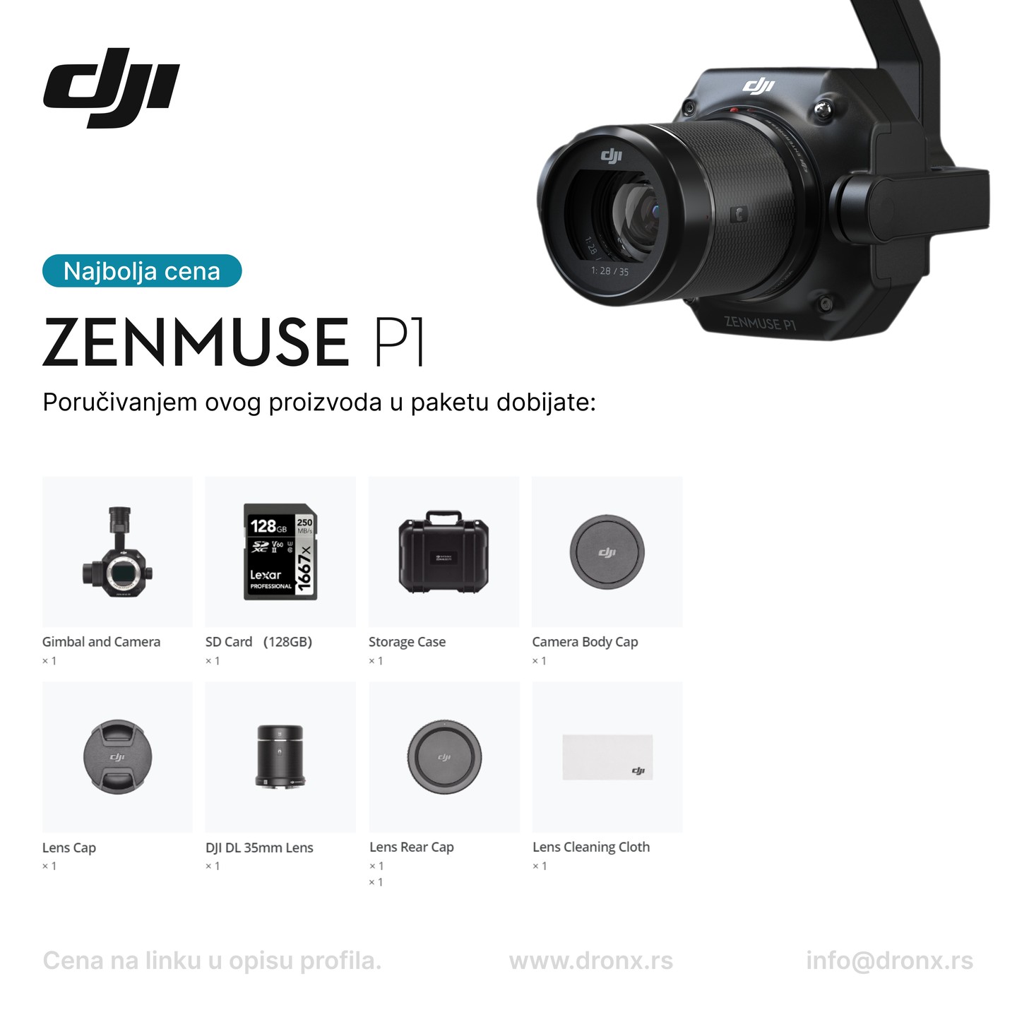 DJI Zenmuse P1
💰U opisu profila imate link na kom mozete da pogledate sve CENE dronova i opreme, tako će vam biti najlakše da pogledate/uporedite sve što vas zanima. Za sva dodatna pitanja nam slobodno pišite ili nas pozovite.
✅ Prodaja DJI Enterprise dronova i dodatne opreme direktno od ovlašćenog distributera.
📦 Proizvodi su poslati direktno iz fabrike, u originalnim kutijama i vi ih prvi otvarate.
🔍 Budite slobodni da pitate sve što vas zanima, svaki vid dogovora je moguć.
👍 Zapratite nas na društvenim mrežama kako biste ispratili sva dešavanja i povoljnosti koje nudimo.
DRONX DOO
DJI Enterprise Beograd
Adresa: Aviv Park, 11050 Zvezdara, Beograd
Mobilni: +381692421857
Mail: info@dronx. rs
IG: @dronx.prodaja i @dronx.usluge i @share_uav_cameras
RADNO VREME:
Radnim danima i vikendom od 08:00 - 20:00h
Specifikacija proizvoda:
Specs
General
Product Name
ZENMUSE P1
Dimensions
198×166×129 mm
Weight
Approx. 800 g
Power
20W
IP Rating
IP4X
Supported Aircraft
Matrice 300 RTK
Operating Temperature Range
-20° to 50° C (-4° to 122° F)
Storage Temperature Range
-20° to 60° C (-4° to 140° F)
Absolute Accuracy
Horizontal: 3 cm, Vertical: 5 cm *
* Using Mapping Mission at a GSD of 3 cm and flight speed of 15 m/s, with an 75% front overlap rate and a 55% side overlap rate.
Camera
Sensor
Sensor size (Still): 35.9×24 mm (Full frame)
Sensor size (Max video recording area): 34×19 mm
Effective Pixels: 45MP
Pixel size: 4.4 μ m
Supported Lenses
DJI DL 24mm F2.8 LS ASPH (with lens hood and balancing ring/filter), FOV 84°
DJI DL 35mm F2.8 LS ASPH (with lens hood and balancing ring/filter), FOV 63.5°
DJI DL 50mm F2.8 LS ASPH (with lens hood and balancing ring/filter), FOV 46.8°
Supported SD Cards
SD: UHS-I rating or above; Max capacity: 512 GB
Storage Files
Photo / GNSS Raw Observation Data/ Image Log File
Photo Size
3:2 (8192×5460)
Operation Modes
Photo, Video, Playback
Minimum photo interval
0.7 s
Shutter Speed
Mechanical Shutter Speed: 1/2000*-1 s
Electronic Shutter Speed: 1/8000-1 s
*Aperature value no larger than f/5.6
Aperture Range
f/2.8-f/16
ISO Range
Photo: 100-25600
Video: 100-25600
Video
Video Format
MP4, MOV
Video Resolution
16:9 (1920×1080)
@djiglobal
