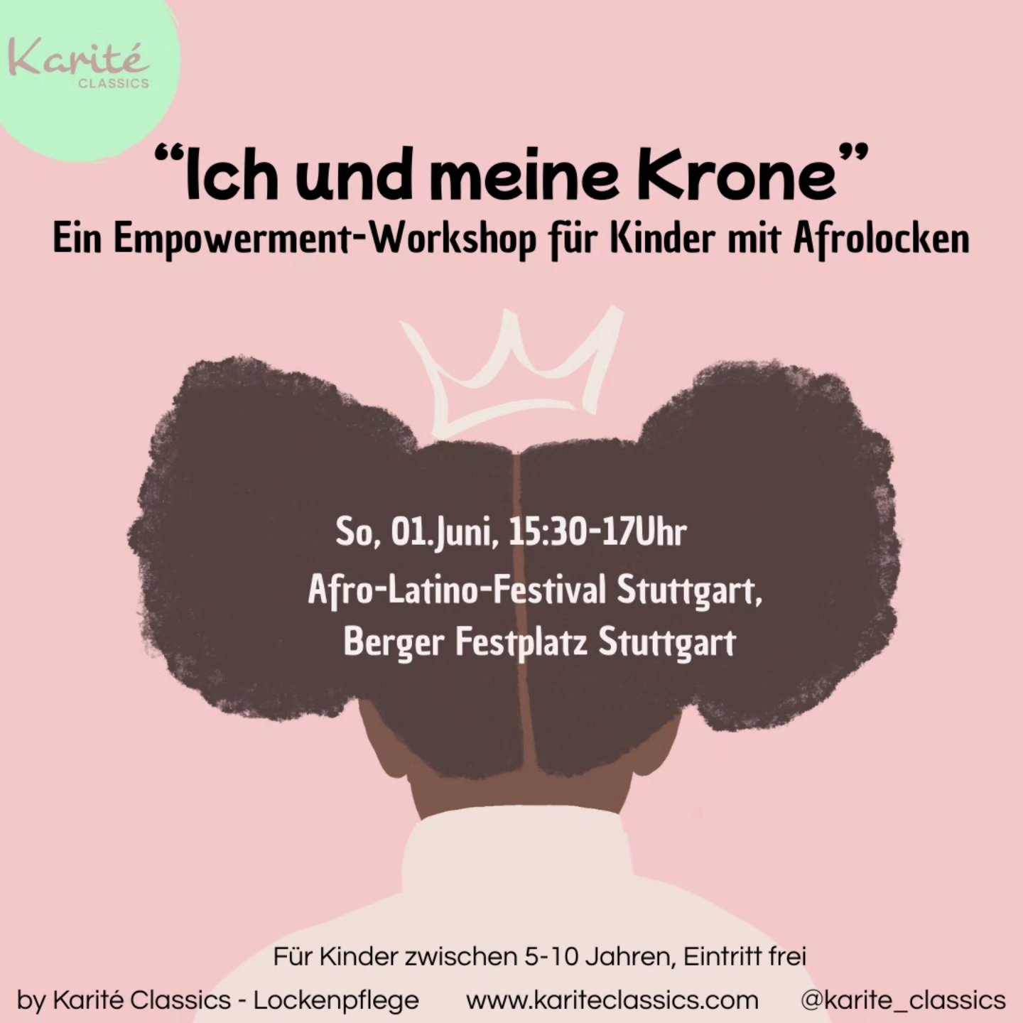 In diesem Empowerment-Workshop lernen Kinder mit Afrolocken „ihre Krone“ mit Stolz zu tragen. In einem geschützen Raum stehen ihre Erfahrungen und Perspektiven im Mittelpunkt. Durch „lockige“ Geschichten, kreative Übungen und stärkende Gespräche entdecken die Kinder ihre Schönheit und Stärke – für mehr Selbstbewusstsein, Stolz und Sichtbarkeit. Jungen und Mädchen sind gleichermaßen willkommen! ❤️➿️➿️➿️