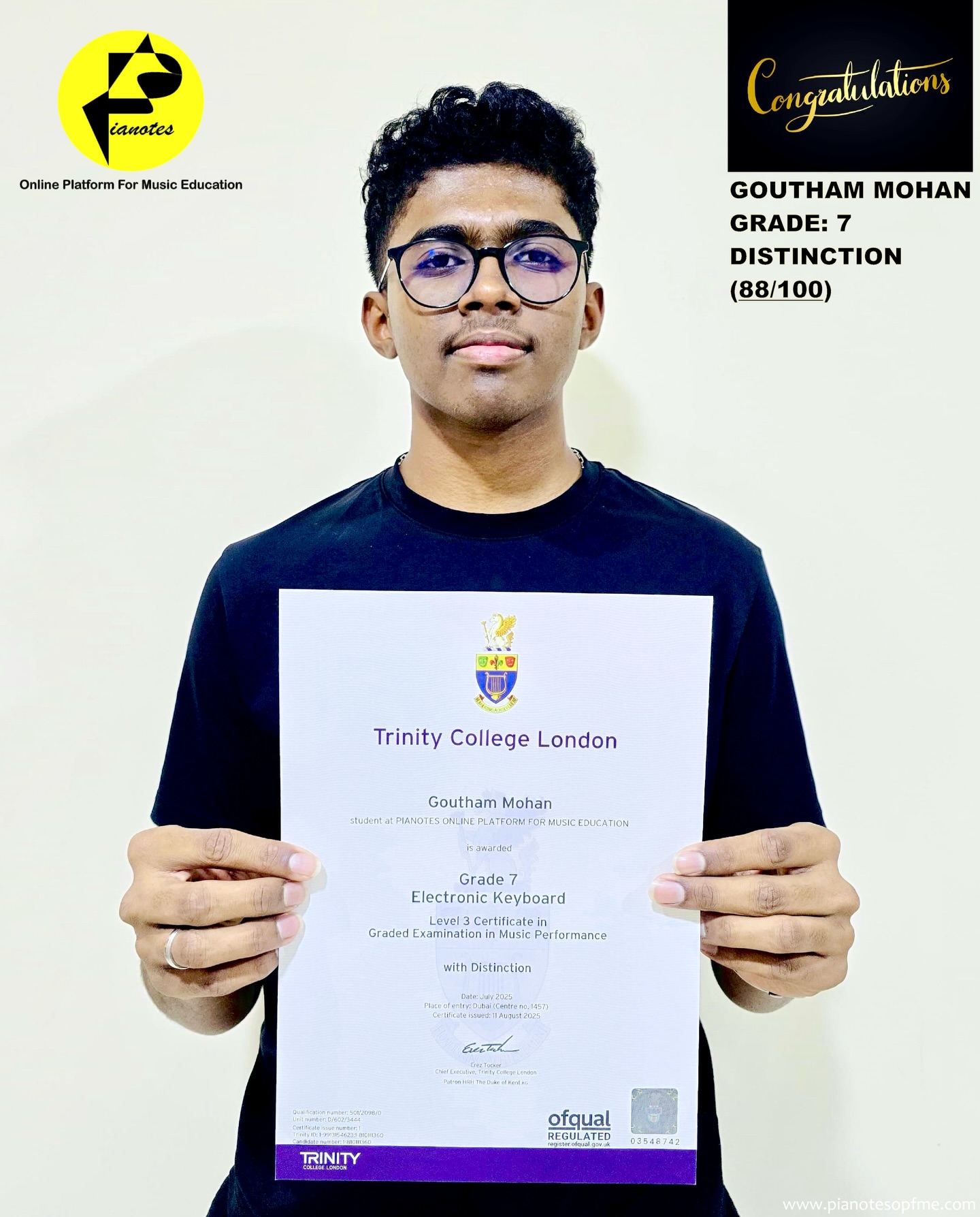 Congratulations🎉🎊 GOUTHAM MOHAN✨👏
#pianotesopfme #trinitycollegelondon #grade7 #electronickeyboard #pianolessonsforkids