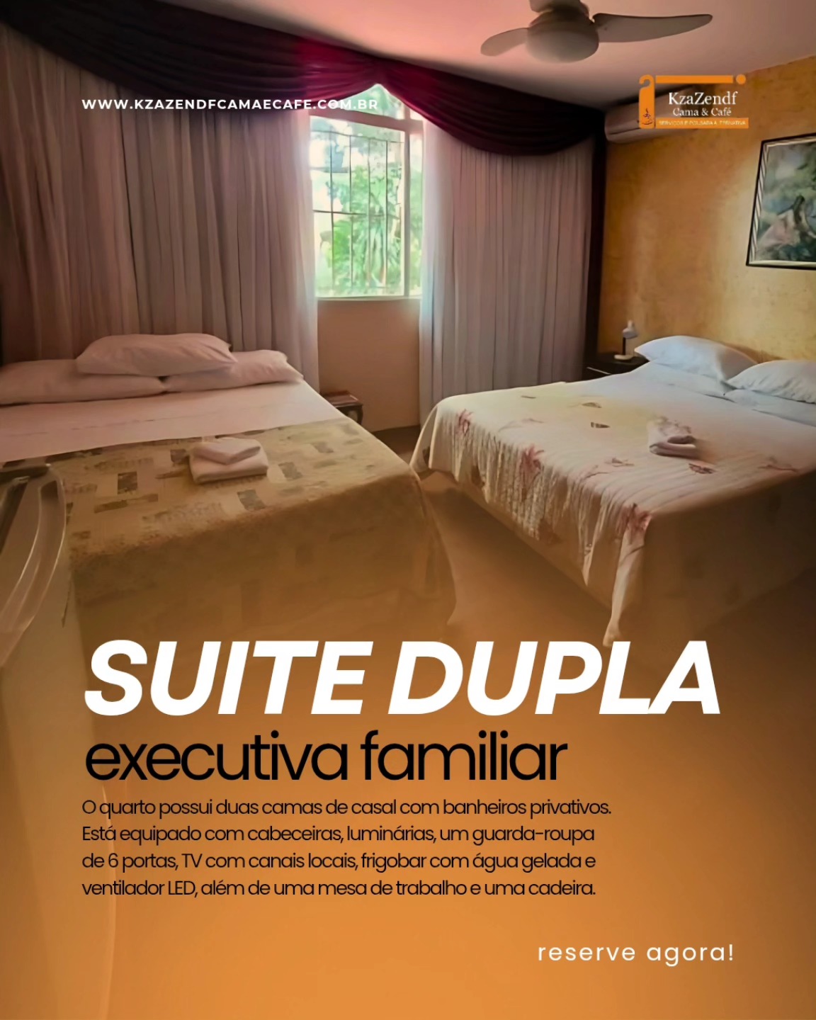 🛏️ Suíte Dupla Executiva Familiar: conforto e praticidade para toda a família!
Com duas camas de casal e banheiros privativos, esse quarto foi pensado para oferecer espaço e comodidade na medida certa.
Equipado com:
✔️ Cabeceiras com luminárias
✔️ Guarda-roupa de 6 portas
✔️ TV com canais locais
✔️ Frigobar com água gelada
✔️ Ventilador LED
✔️ Mesa de trabalho com cadeira
Perfeito para descansar, trabalhar com tranquilidade! 💙
#QuartoFamiliar #HospedagemDeQualidade