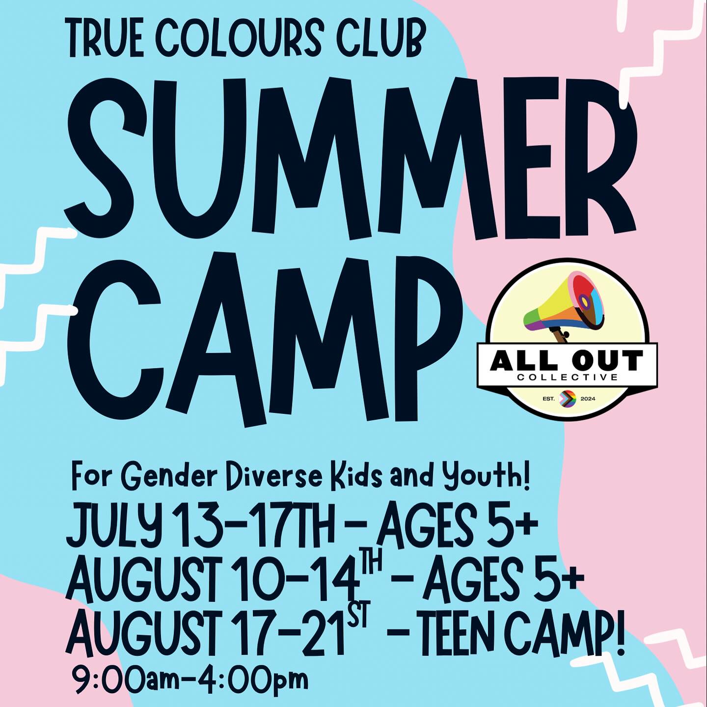 SUMMER CAMP! QUEER JOY!
This year our summer camp returns for THREE WEEKS! An arts-based, social work supported week long camp for trans, non- binary and gender diverse kids ages 5+ with one week for kids 12+!
Last year we welcomed guests to teach improv, yoga, drag, art and photography and this year we hope to have more guests, more art and even more fun!
If you're interested or want more details, send us a DM or email us at thealloutcollective@gmail.com