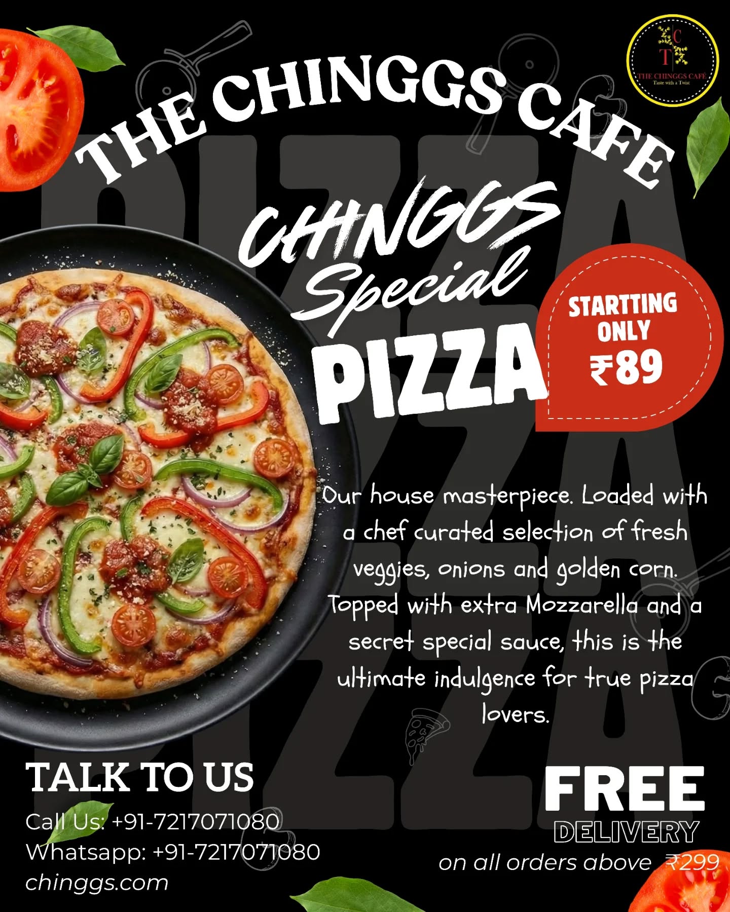 "Craving the perfect slice? The Chinggs Cafe has just dropped a massive new #pizza lineup!"
"Taste the twist today! Visit us, call 72170-71080 to order, or find The Chinggs Cafe on Zomato and Swiggy!"
#EtahFoodies #AgraRoadEtah #CheeseBurst #OrderNow