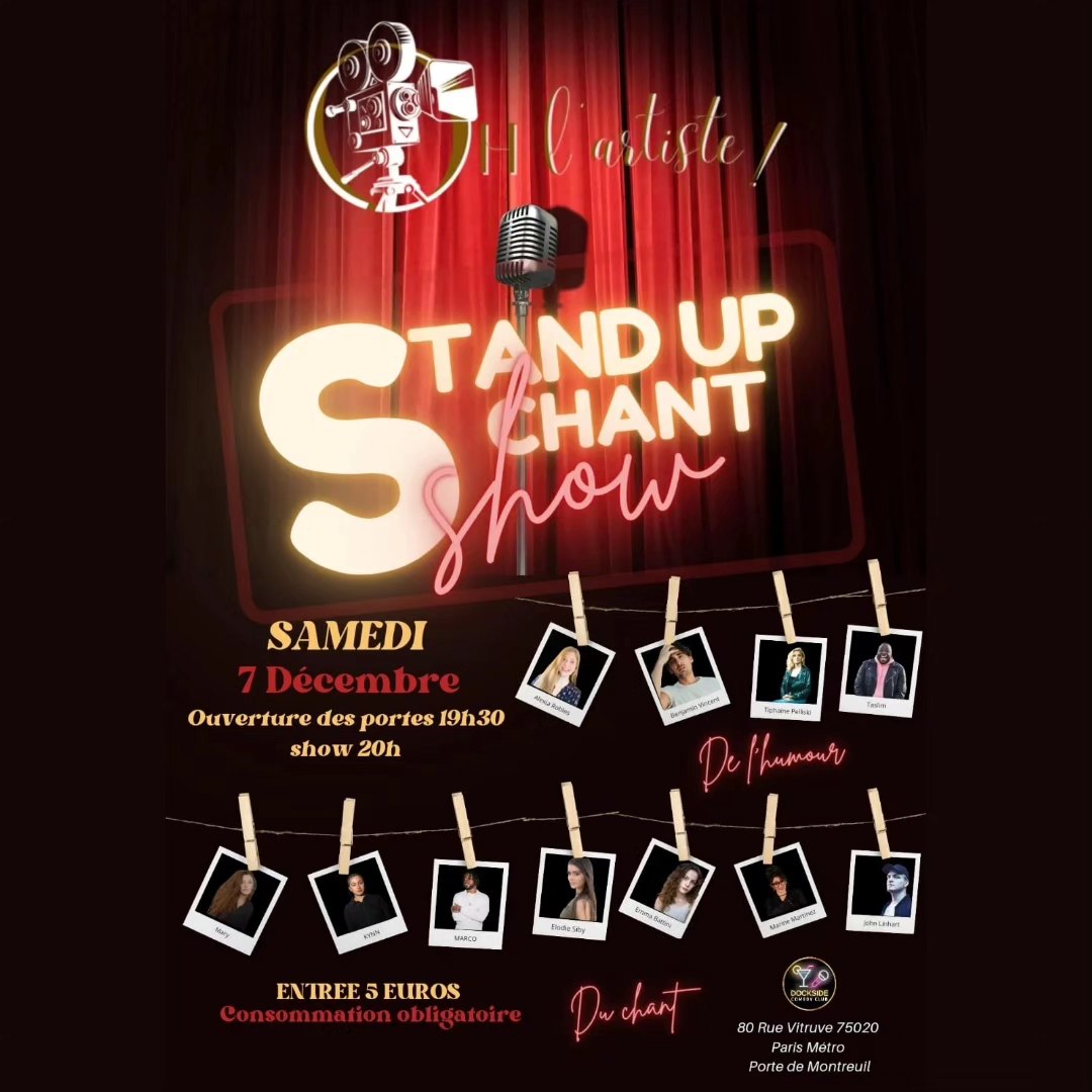 Plongez dans une soirée unique et immersive avec les soirées Galaxy de Oh l'artiste ! un événement inédit présenté par Oh l'artiste! et le Dockside Comedy Club ! 🔥
Au programme, une soirée où l'humour et la musique s'entremêlent pour faire briller les étoiles montantes de la scène parisienne. Laissez-vous surprendre par le talent des humoristes @alexia_robles , @benjamin__vincen, @tif_standingup & @taslimslm et vibrez au son des voix exceptionnelles de Mary, @_kyynnn , @markogogetit , @emmabattini , @john_linhart_music et @marineanais27
Rendez-vous le samedi 7 décembre à partir de 19h30 (début du show à 20h) au @dockside_comedy_club (80 rue Vitruve, Paris 20ᵉ, métro Porte de Bagnolet).
Entrée à 5 euros, avec consommation obligatoire. Préparez-vous pour une soirée où le rire et la musique se mêlent pour une explosion de talents !
#standup #comedyclub #docksidecomedyclub #ohlartiste #sceneouverte #live #concert #Paris #paris20 #standupcomedy #chant #concertlive