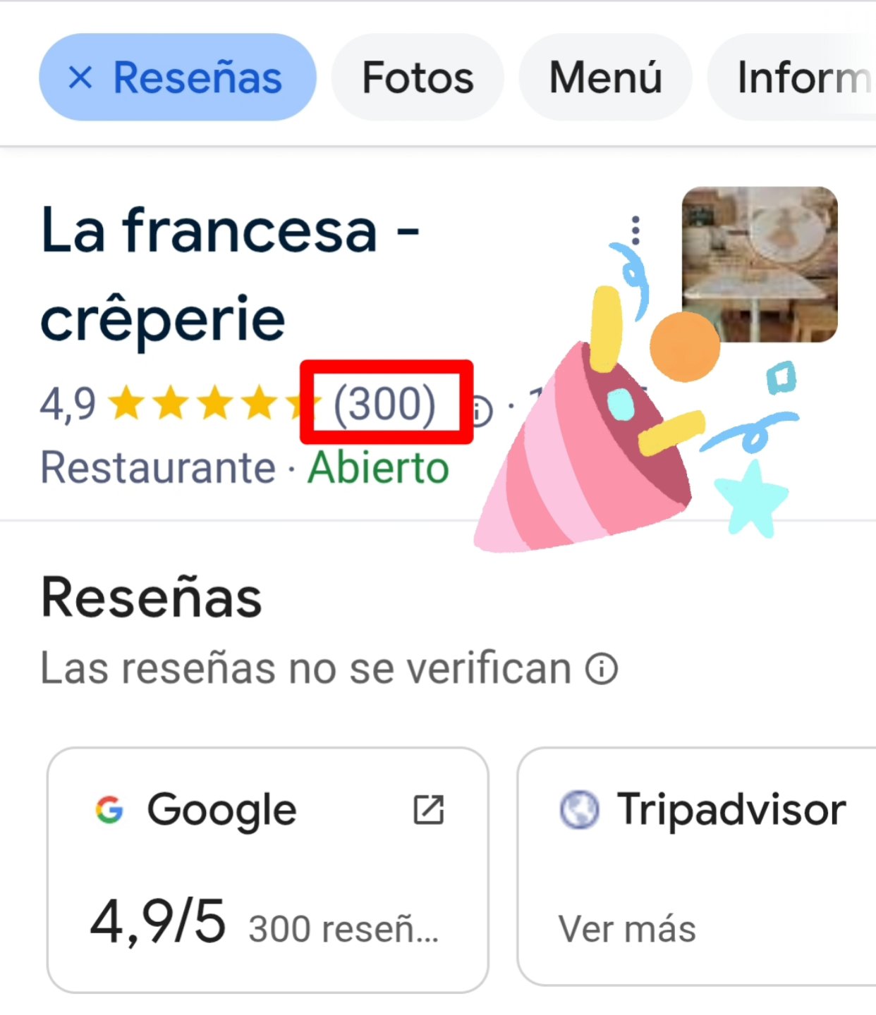 Hemos llegado a 300 reseñas hoy!
Gracias a todos nuestros creperos y creperas! Algo tendremos que hacer cuando lleguemos a las 500... 🤔😄
#comerentoledo #desayunarentoledo #comidasinglutentoledo #meriendastoledo #takeawaytoledo