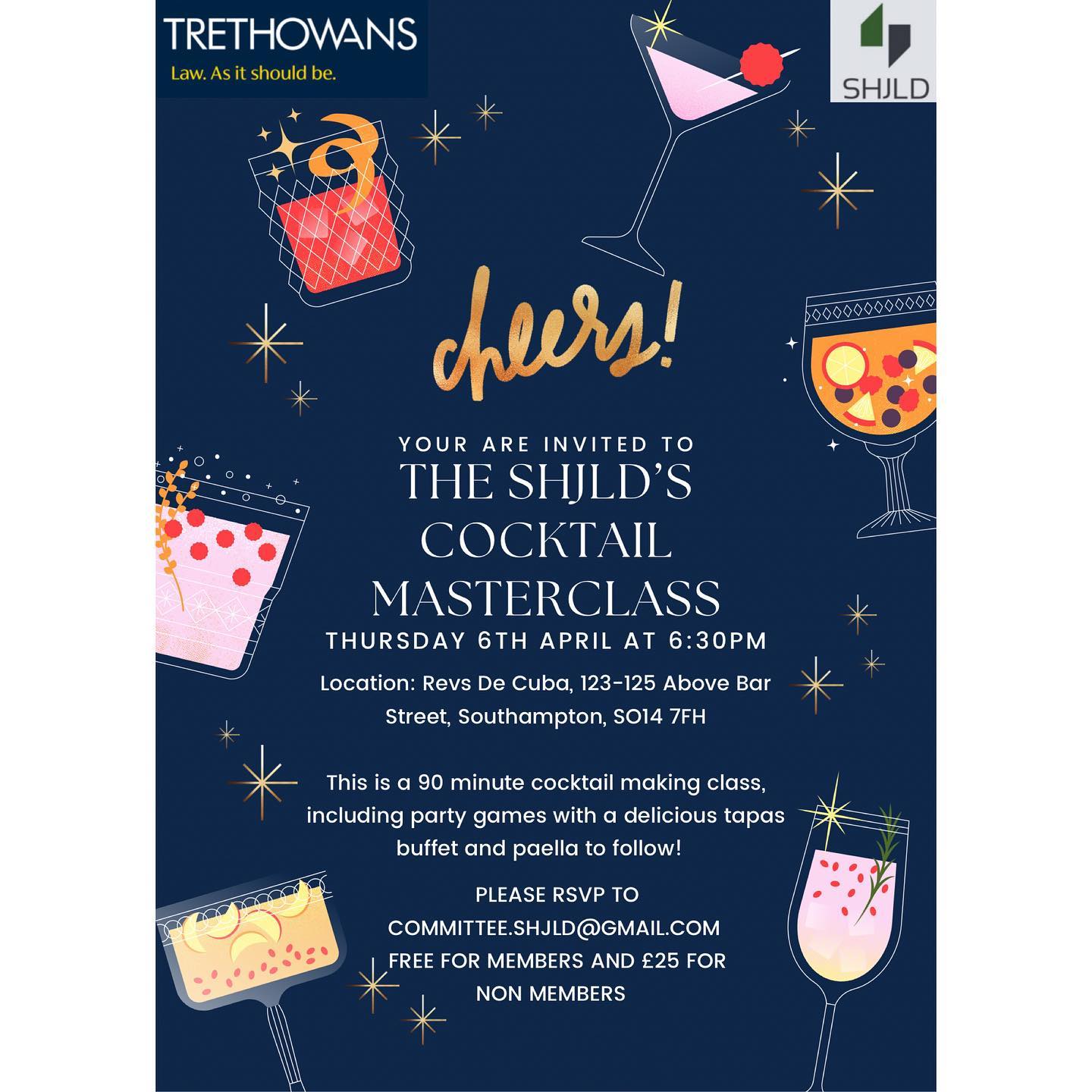 The SHJLD’s cocktail masterclass is coming up on 6 April!🍹🎓
It will be at Revs De Cuba at 6:30pm!
£25 for non members and free for members!
We can’t wait to see you there for the cocktail making class, party games and a delicious tapas buffet with paella afterwards!🍽️
RSVP now🥰
Kindly sponsored by @trethowans 💖
#juniorlawyer #cocktail #networkingevent