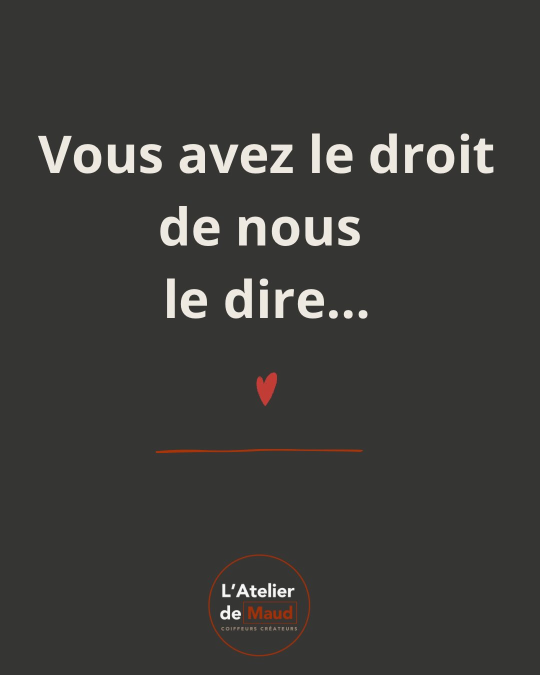 Votre ressenti est précieux 🤍
Si quelque chose ne vous convient pas totalement,
si vous avez un doute, une question,
ou juste besoin d’en reparler…
osez nous le dire.
Ici, on écoute, on échange
et on trouve des solutions ensemble,
toujours avec bienveillance.
💬 Le dialogue fait partie de notre métier.
L'Atelier de Maud • Salon de coiffure fun, décomplexé et inclusif à Toulouse🧡 📍 L’Atelier de Maud – Toulouse
📆 RDV en ligne
#coiffeurtoulouse #salondecoiffure #diagnosticcapillaire #couleursurmesure #balayagetoulouse atelierdemaud coiffureprofessionnelle
salondecoiffure
bienveillance
relationclient
professionnalisme
ecoute
respect