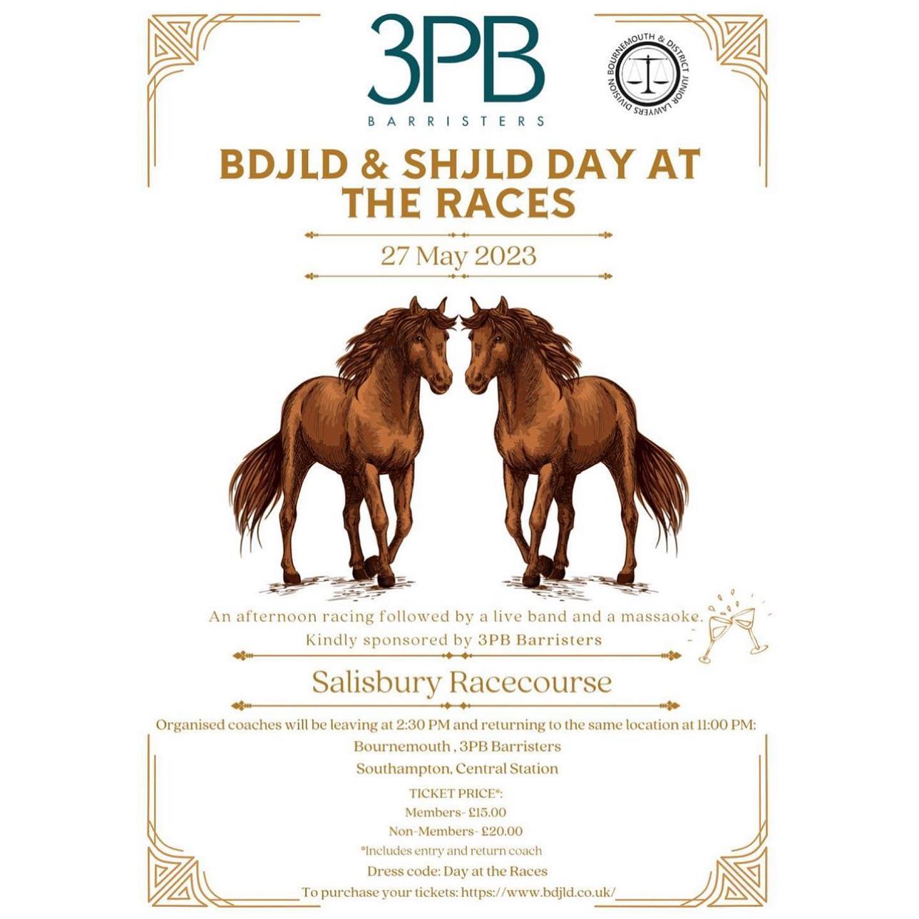 🚨REMINDER‼️
For our May event we are running a joint event with the Bournemouth JLD to the Salisbury Races. This event is kindly being sponsored by 3PB Barristers.
The event will be on Saturday 27th May from 2:30pm. The event will be an afternoon of horse racing followed by live band and massaoke (mass karaoke). 🐎🎤❤️
The price of a ticket is £15 for members and £20 for non-members. Return coach travel is included with your ticket from either Bournemouth (3PB Chambers) or Southampton (Central train station) at 2:30 pm to the race course, returning at around 11pm.
Places are limited, to buy your ticket please see the link below:
https://www.tickettailor.com/events/bournemouthanddistrictjuniorlawyersdivision/878599
#dayattheraces #juniorlawyers #event
