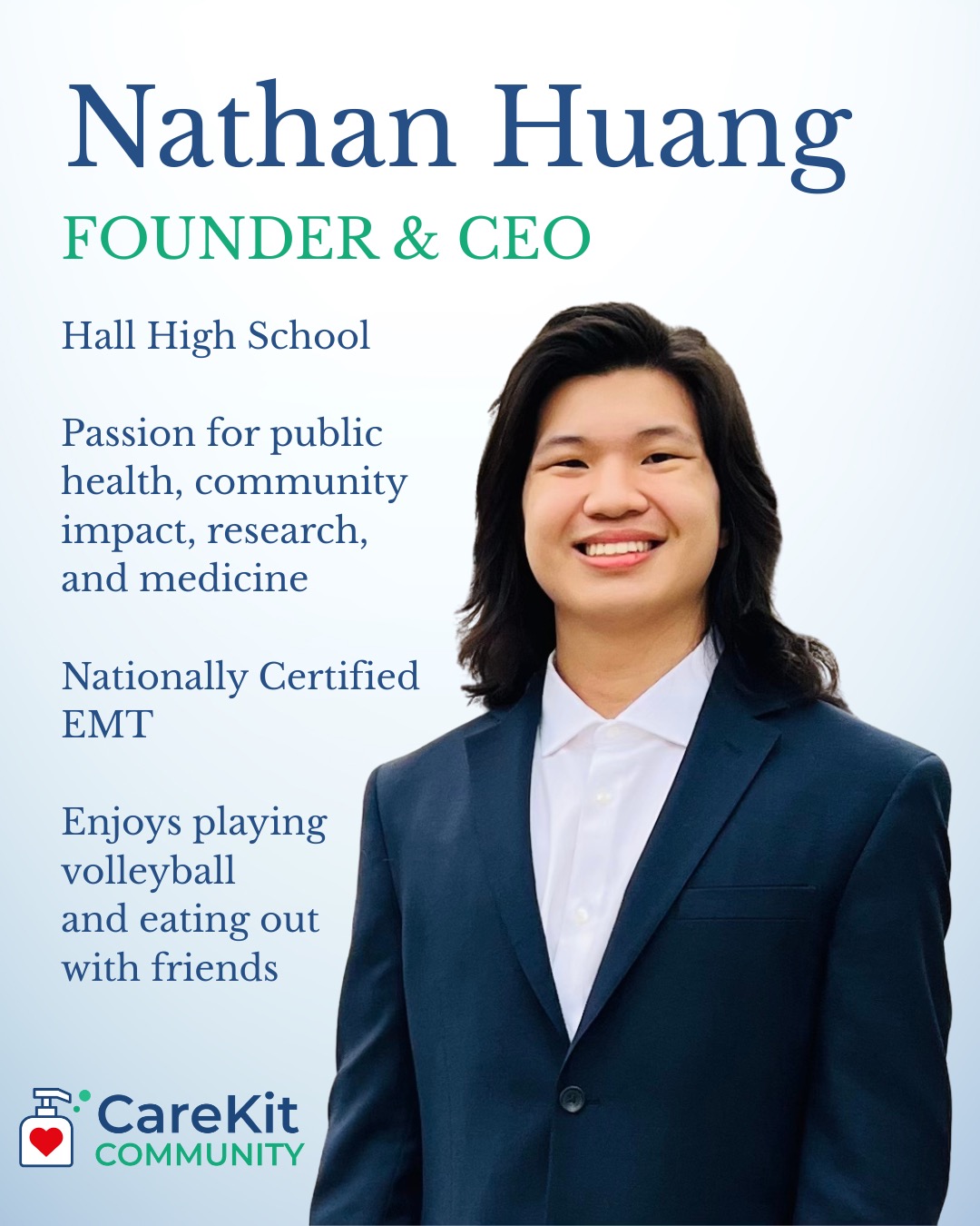 Introducing Nathan Huang, Founder and CEO of CareKit Community! #nonprofitlife #students #hygiene #volunteer #volunteering #nonprofitsofinstagram #highschoolopportunities #leadershipdevelopment