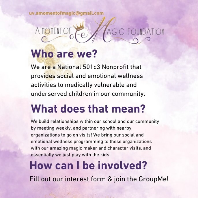 Welcome to A Moment of Magic @ UVA💜 Fill out the interest form in our bio to learn more and get involved! Please reach out with any questions. We are so excited to get started🌟