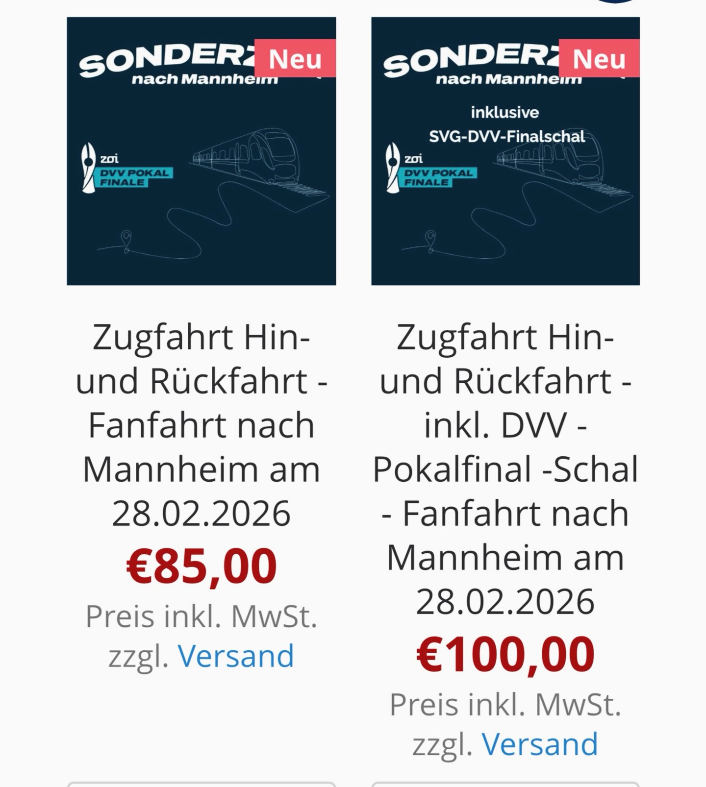 🚨🚨Ab jetzt im Online-Shop verfügbar 🚨🚨 Die Hin- und Rückfahrt nach Mannheim oder als Bundle mit dem DVV-Pokal-Finalschal. Am 28. Februar 2026 reisen wir gemeinsam zum DVV-Pokalfinale nach Mannheim mit einem eigenen Sonderzug.
Der Pokal-Express bringt euch direkt von Lüneburg bis zur SAP Arena und nach der Siegerehrung wieder zurück.
Infos zur Abfahrtzeit & Organisation folgen in den nächsten Tagen. Der Zug kommt rechtzeitig vor dem Damen-Finale an. Das Männer-Finale findet direkt im Anschluss statt.
!! Die Eintrittskarte zum Finale in der SAP Arena ist nicht im Preis enthalten. !!!
