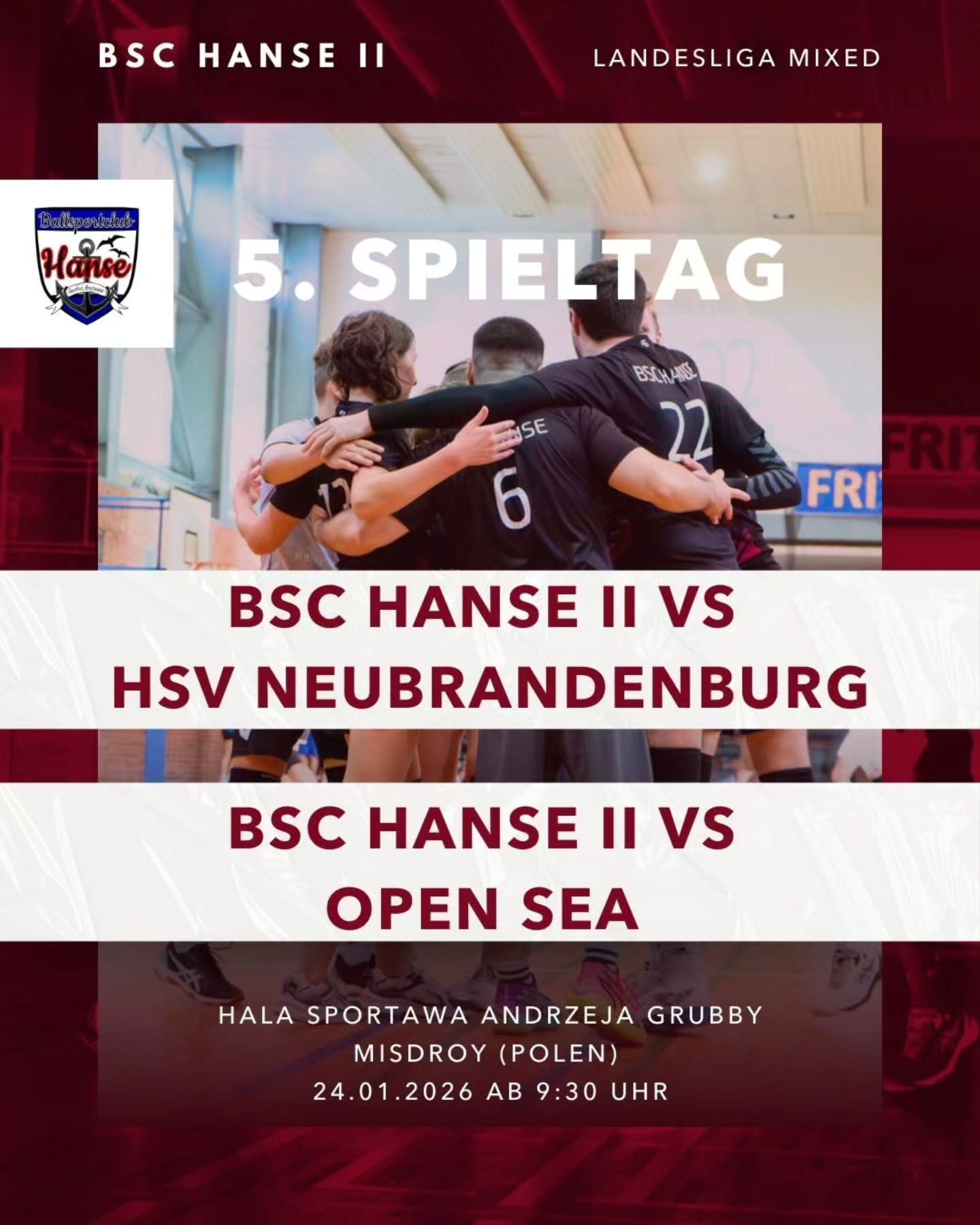 +++ meczowy dzień +++
Hanse II muss neben dem Gastgeber auch im direkten "Kellerduell" gegen den @hsv_neubrandenburg_volleyball antreten. Es geht hier um den Klassenerhalt für unsere zweite.
#LLMixed #Mixedvolleyball #bschanse #volleyballingreifswald #volleyballgreifswald
