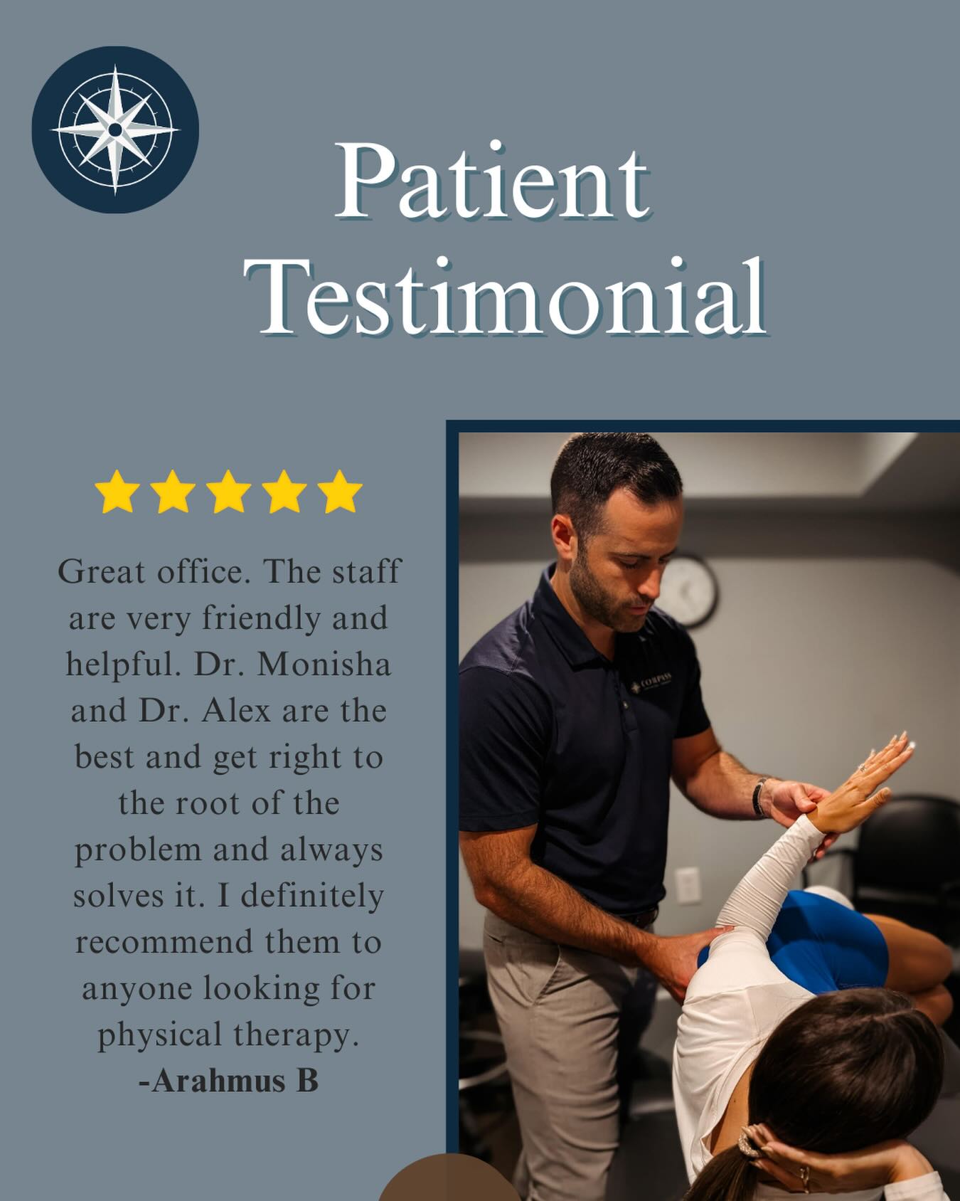 🫵 Testimonial Tuesday 🫵
Friendly staff, expert care, and real solutions.
Dr. Monisha and Dr. Alex take pride in getting to the root of the problem and helping patients feel their best💪🏻
Thank you for the kind review!
#compasspt #physicaltherapy #testimonialtuesday⭐️
