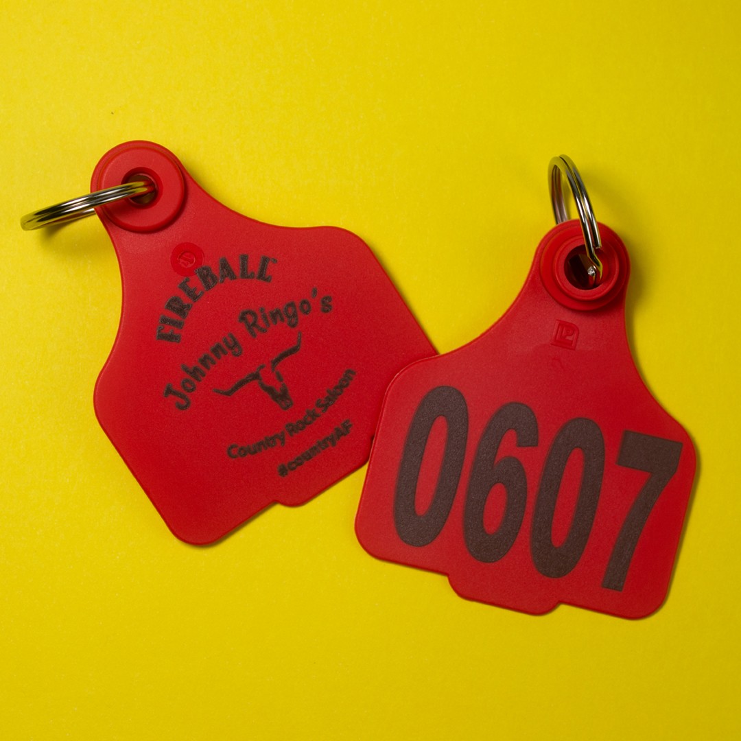 Moo! Here are our custom Fireball 'cow' tags, used for entry into an event and then as a key ring attachment afterwards!