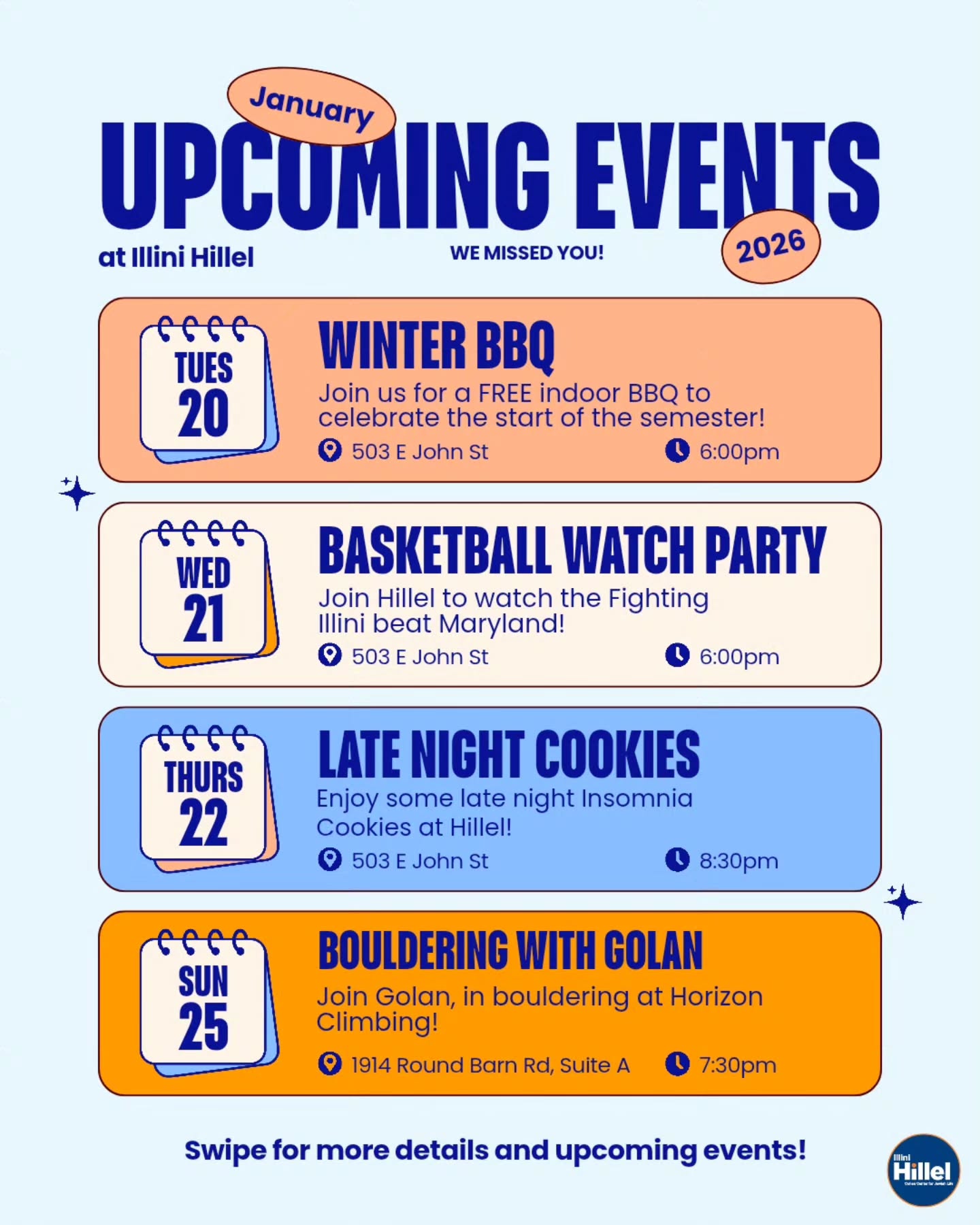 *UPDATED*
Welcome back to campus Illini!!
Swipe to see more details about whats happening at Hillel this week ➡️