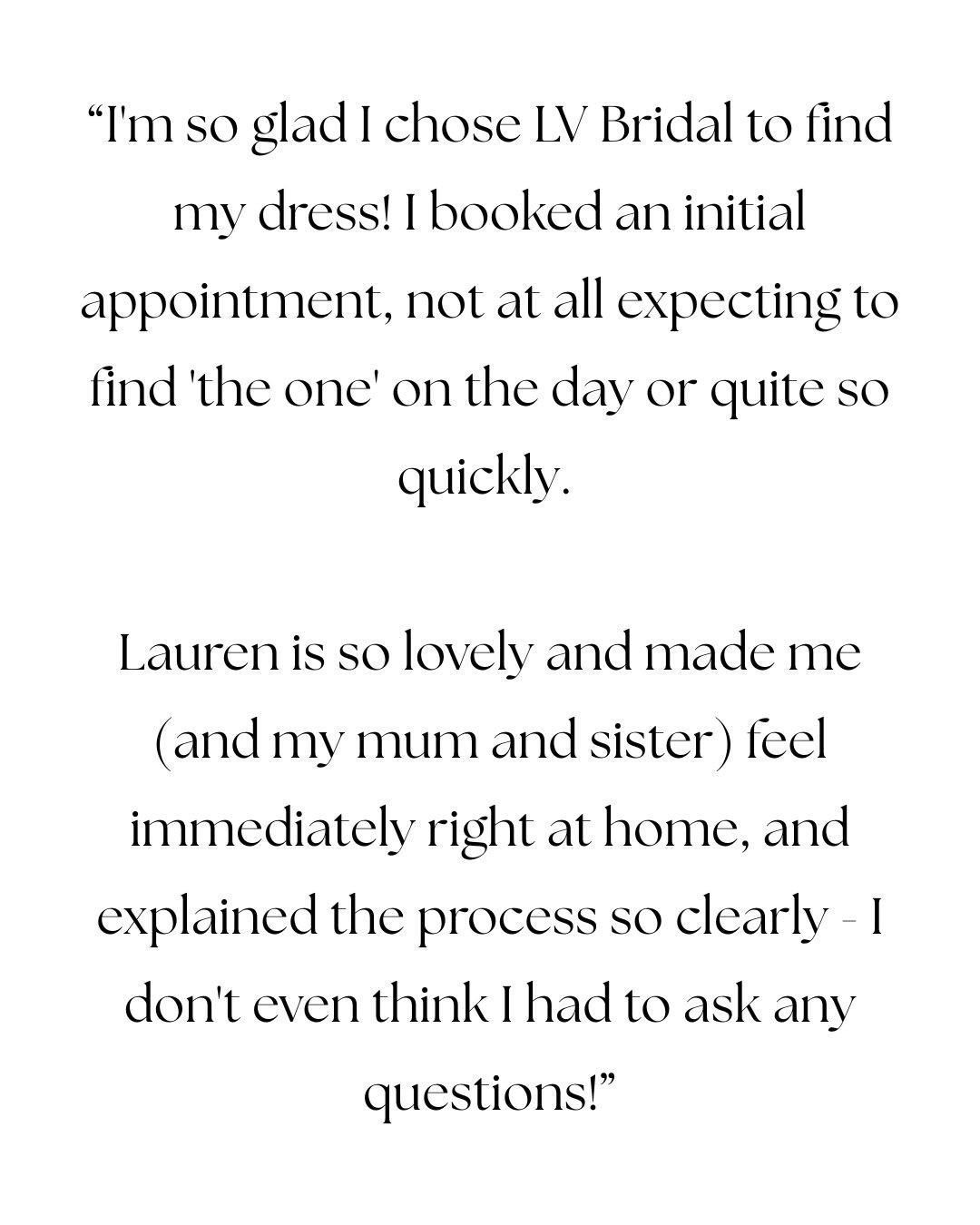 A review from one of our recent #LVBrides
We love helping you find the one and seeing such lovely reviews always means so much <3
If you think you could be an LV Bride, book your appointment via the link in the bio. You won't regret it.
All our love
x