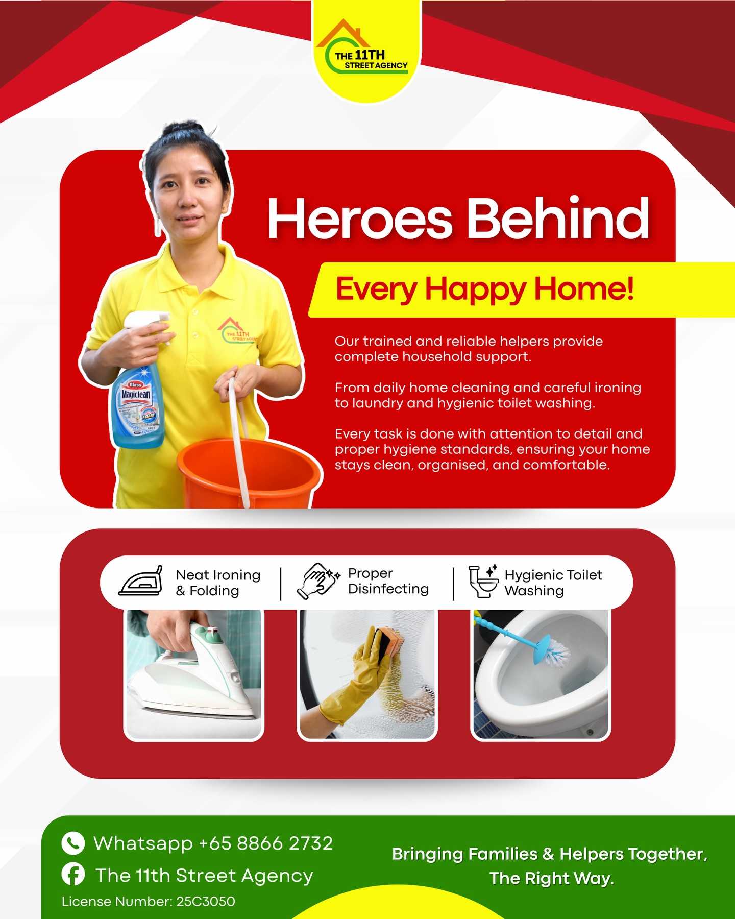 What really keeps a Singapore home comfortable?
Itโs the basics โ done properly. ๐งผ
The 3 cleaning habits that matter most:
โ Neat ironing & proper folding
โ Thorough disinfecting of surfaces
โ Hygienic toilet washing
Small routines. Big difference in daily living.
Thatโs how our helpers support homes โ quietly and consistently.
๐ Looking for reliable household support? WhatsApp us.
โโโโโโโโโโโโโโโ
๐๐ก๐ ๐๐๐ญ๐ก ๐๐ญ๐ซ๐๐๐ญ ๐๐ ๐๐ง๐๐ฒ | ๐๐ถ๐ฐ๐ฒ๐ป๐๐ฒ๐ฑ ๐ก๐ผ. ๐ฎ๐ฑ๐๐ฏ๐ฌ๐ฑ๐ฌ
๐ฑWhatsApp: +65 8866 2732
๐ฉ Email: contact@the11thstreetagency.sg
๐ https://www.the11thstreetagency.sg/
๐ค Bringing Families & Helpers Together, The Right Way.
#HousekeepingSG #DomesticHelperSG #MyanmarHelper #CleanHomeSG #MaidAgencySG