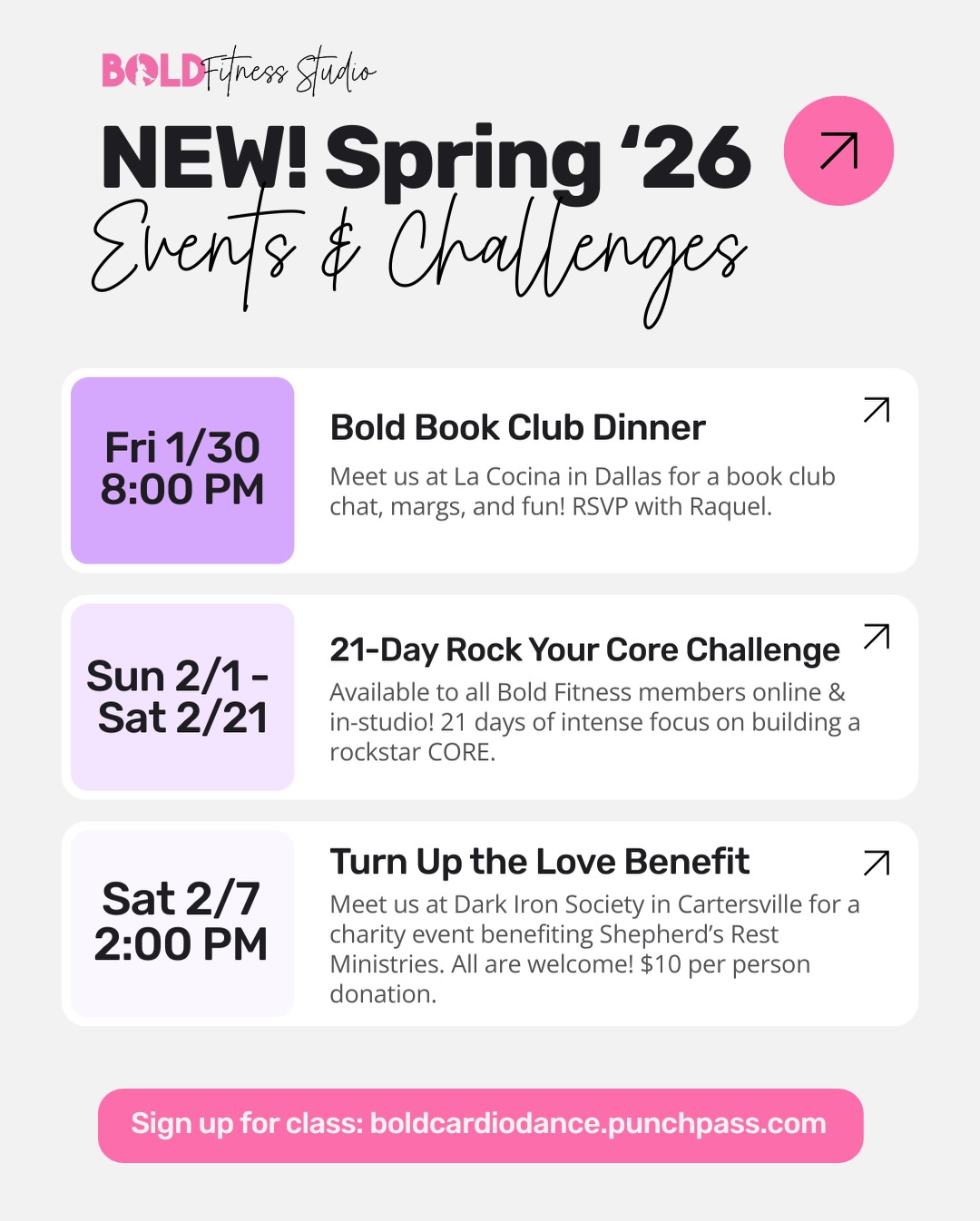 Woooooo 😮💨 Bold Babes - we’re about to be BUSY this spring!! 💃🪩✨
Fitness challenges coming up -
February: 21 Day Rock Your Core Challenge 🤘🏻✨
March: 3rd Annual Go For Bold Challenge
You can book your spot on “home events” from PunchPass & add them to your calendar! All event details are also listed on Facebook too.
Get on board, girl, we’re going to have some fun!!! 💕🎆
#dancefitness #localevents #hiramga #pauldingcountyga