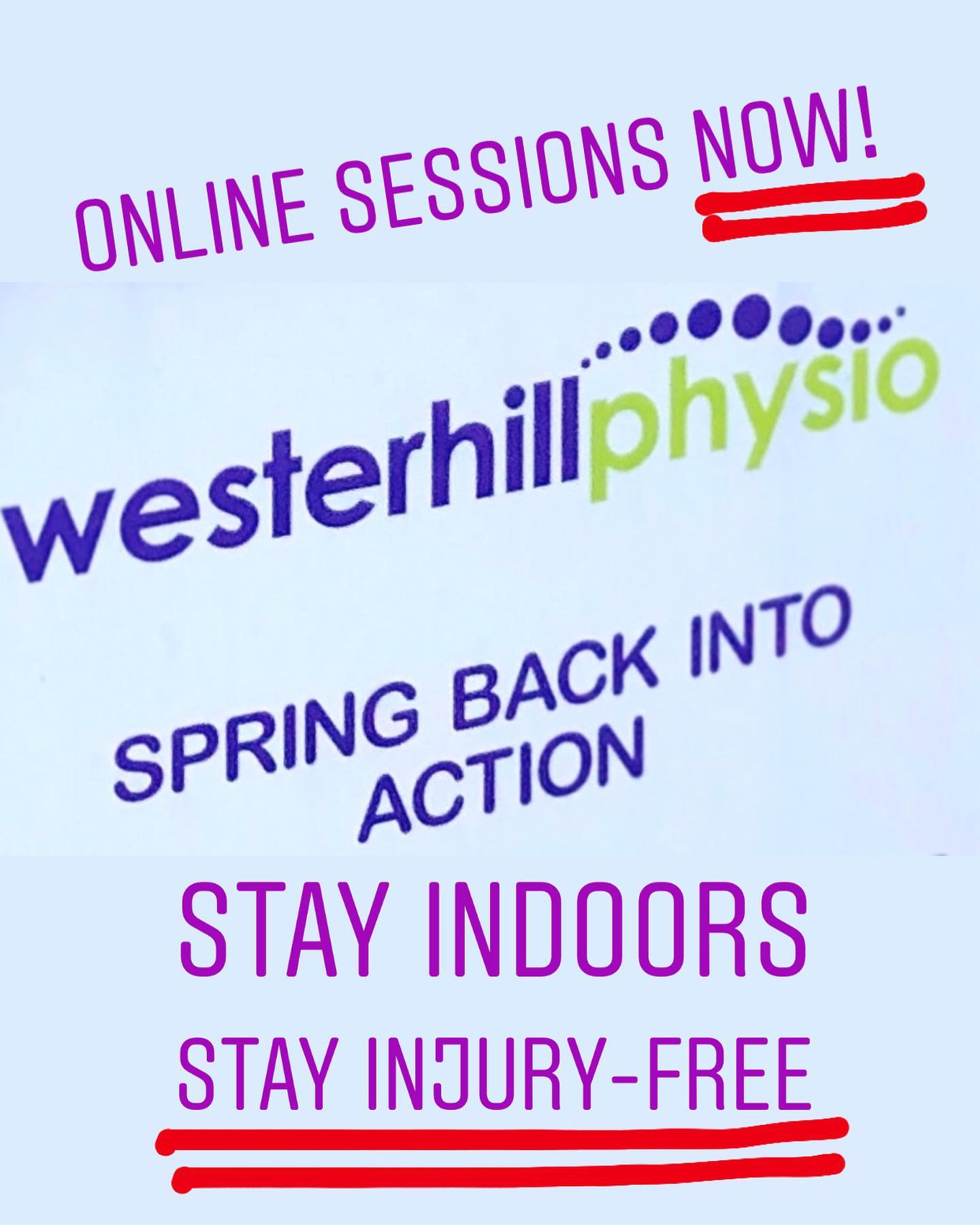 🌟🌟ONLINE/VIRTUAL PHYSIO AVAILABLE 🌟🌟
STAY INDOORS - with the current situation and important advice about staying indoors do not feel you have to suffer in silence. You can still STAY INJURY-FREE 💪🏼. Westerhill Physio are now offering online video consultations with our specialist team to old and new clients. .
Please contact:
📞 01622 749336
💻 physio@westerhill.com
#supportsmallbusiness #supportlocalbusiness #stayhome #stayinjuryfree #physiotherapy #onlinephysio
