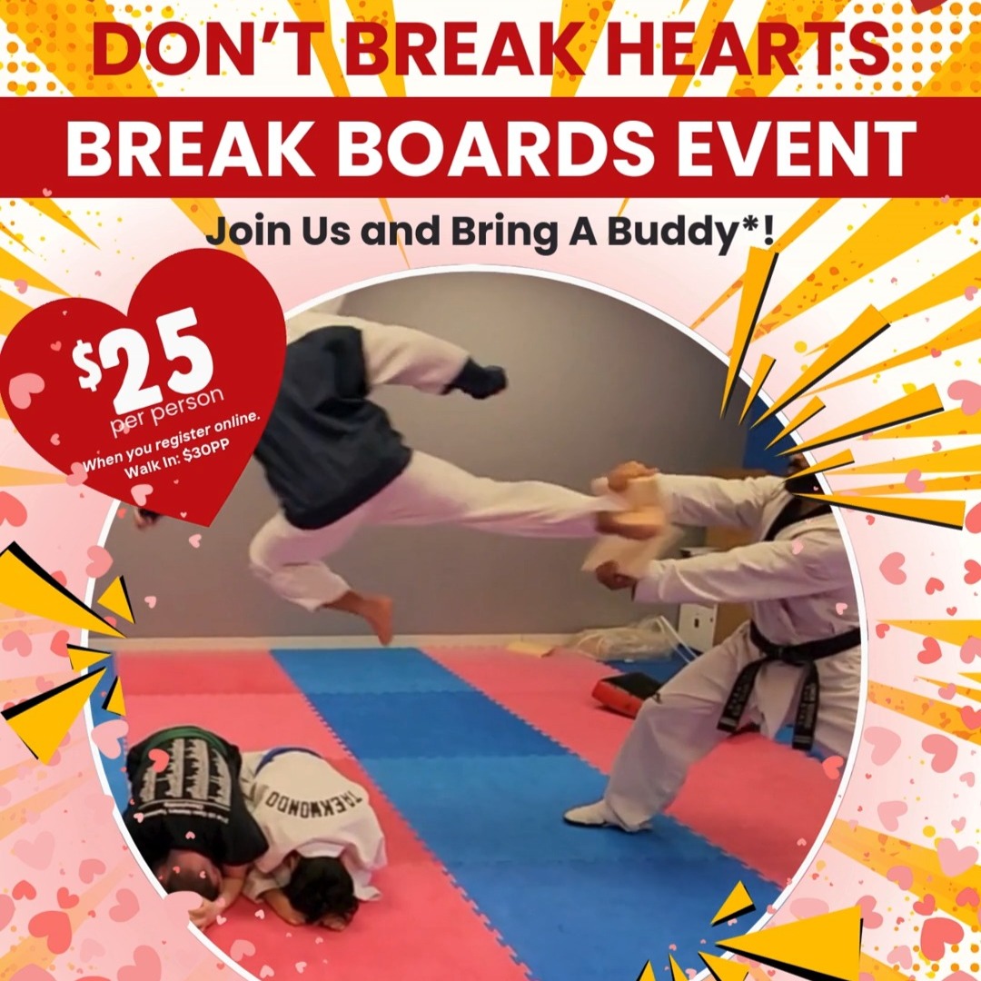 💥❤️ Don’t Break Hearts… BREAK BOARDS! ❤️💥
Join us for our 2nd Annual Board-Breaking Event at Secaucus Martial Arts Center!
For all Members: bring a NON-MEMBER friend only! (This is the perfect chance to introduce a buddy to martial arts!)
🥋 What’s Included:
✔️ Learn the proper way to break boards
✔️ Work on acrobatic & aerial moves
✔️ Build confidence & power
✔️ Improve skills for belt testing & tournaments
✔️ Tons of FUN!
Includes 5 boards
➕ Extra boards available for $3 each
Pricing:
• $25 when you register online
• $30 walk-in
📅 February 14th
⏰ 12:00 PM – 2:00 PM
📍 Secaucus Martial Arts Center
👉 Register here:
https://www.secaucustkd.com/event-details-registration/dont-break-hearts-break-boards-event/form
💬 Questions? DM us anytime!
Bring a friend and let’s break boards together!