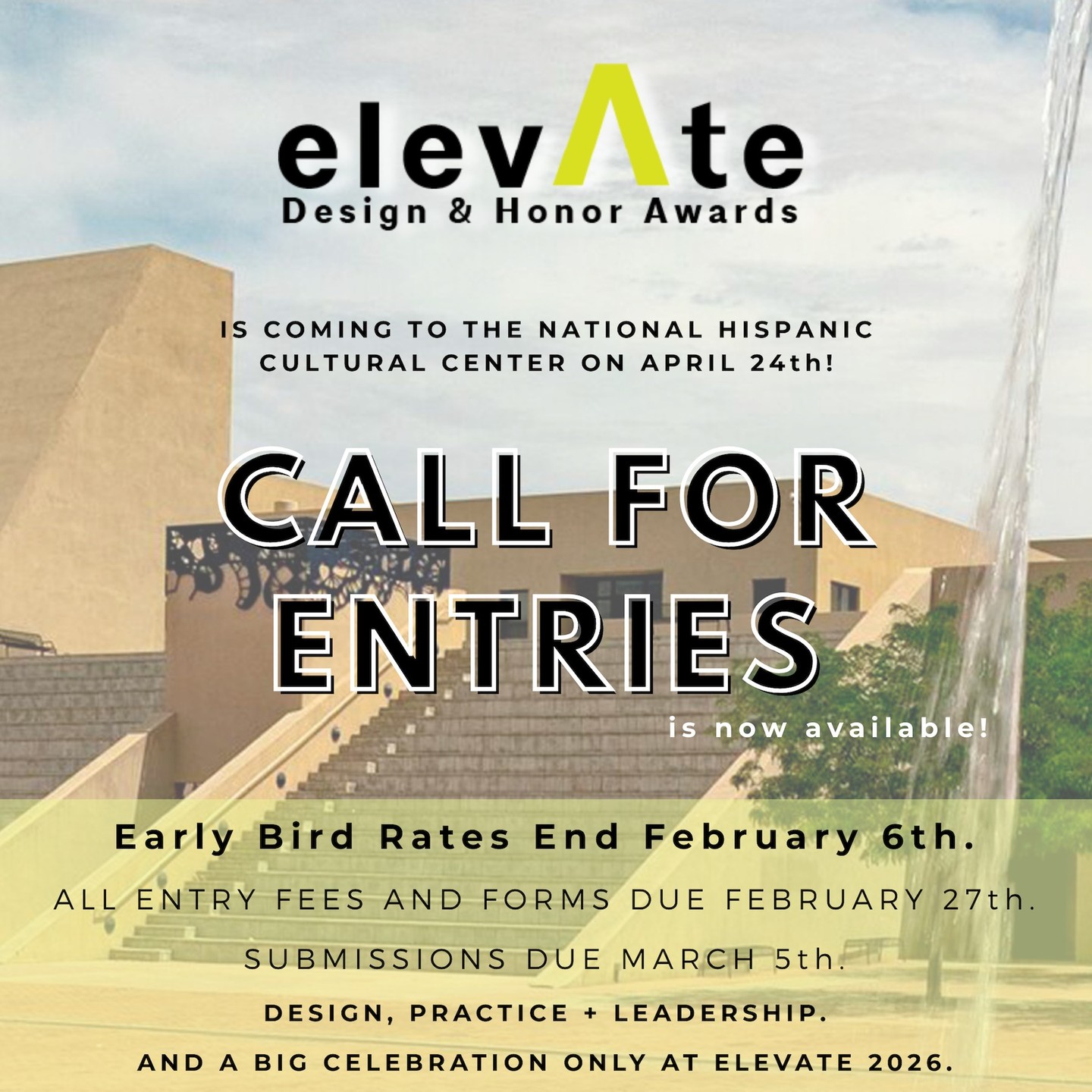 2026 elevAte Design + Honor Awards Call for Entries is Live! We can't wait to celebrate with you all on April 24th at the National Hispanic Cultural Center!
Early Bird Entry Fees Due February 6th. Don't wait! Link in bio!
#aia #elevate #awards #design #practice #leadership #designawards #architecture #aec