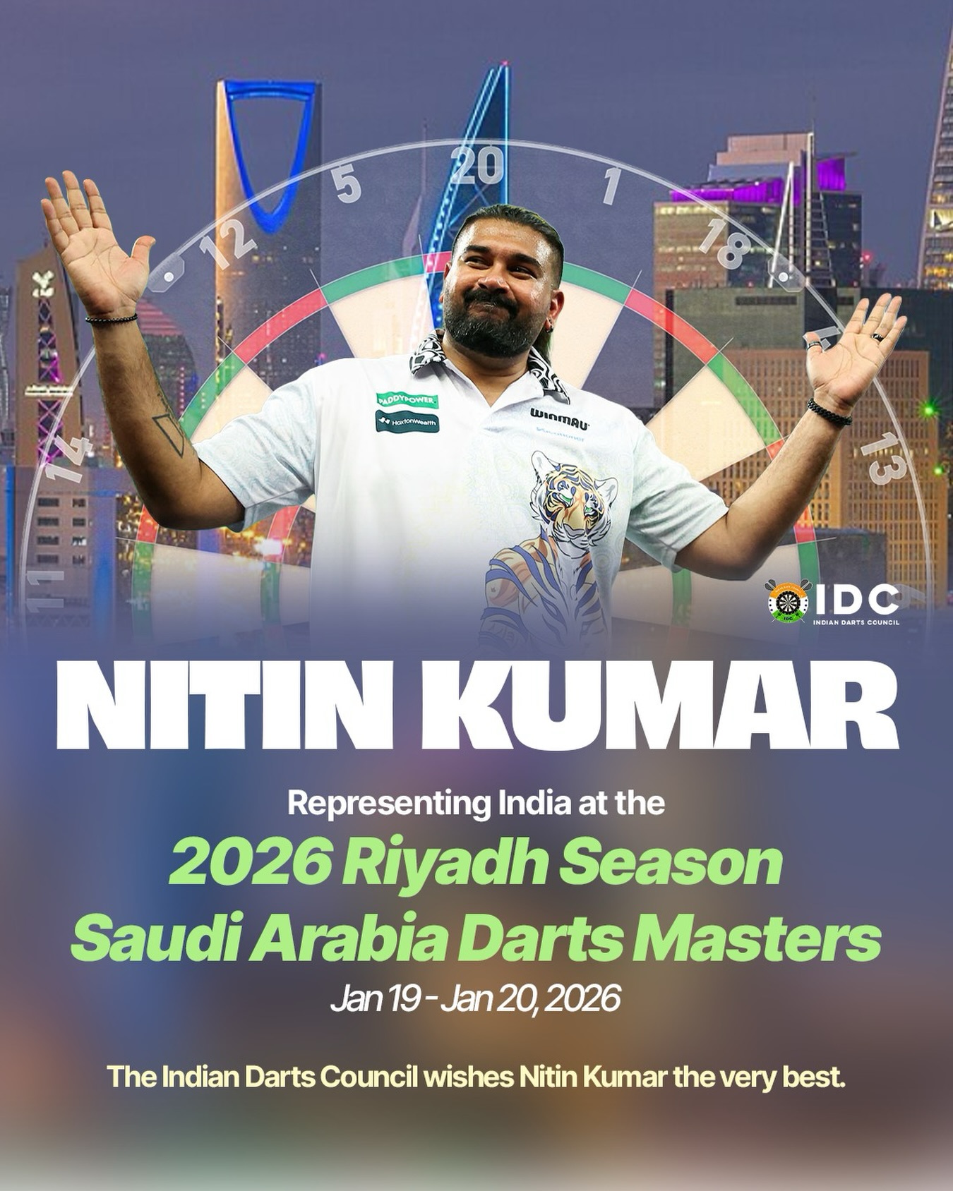India joins the world’s best in Riyadh!
Wishing Nitin Kumar the very best at the 2026 Riyadh Season Saudi Arabia Darts Masters. 🎯
#GameOnIndia
